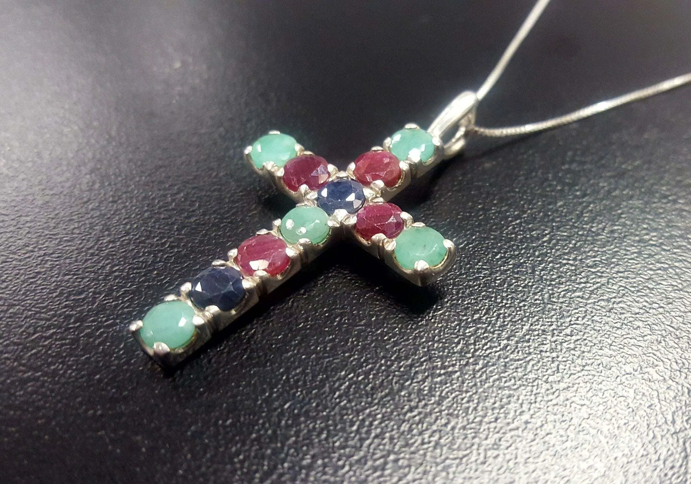 Emerald Cross Pendant - Statement Cross Necklace - Silver Ruby Pendant