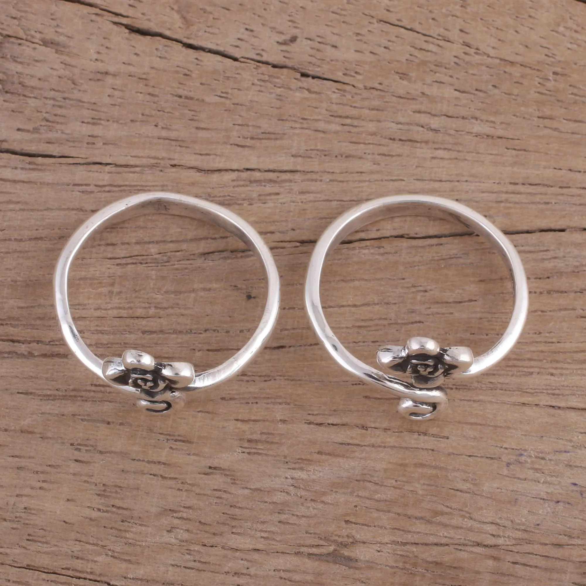 Flower Motif Toe Rings Handmade in Sterling Silver (Pair) - Flower and Swirl | NOVICA
