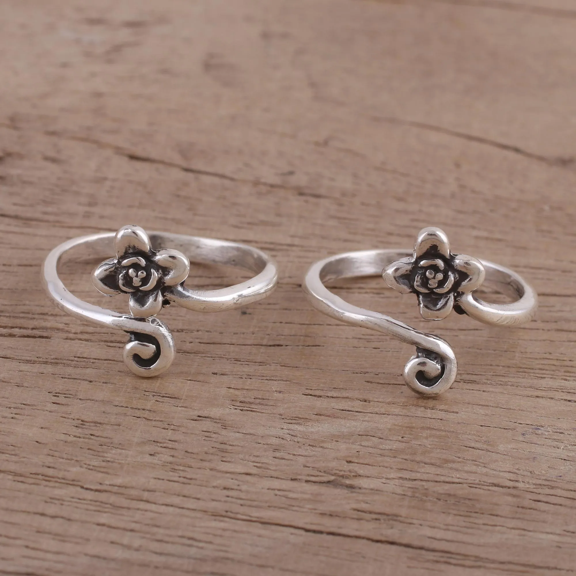 Flower Motif Toe Rings Handmade in Sterling Silver (Pair) - Flower and Swirl | NOVICA