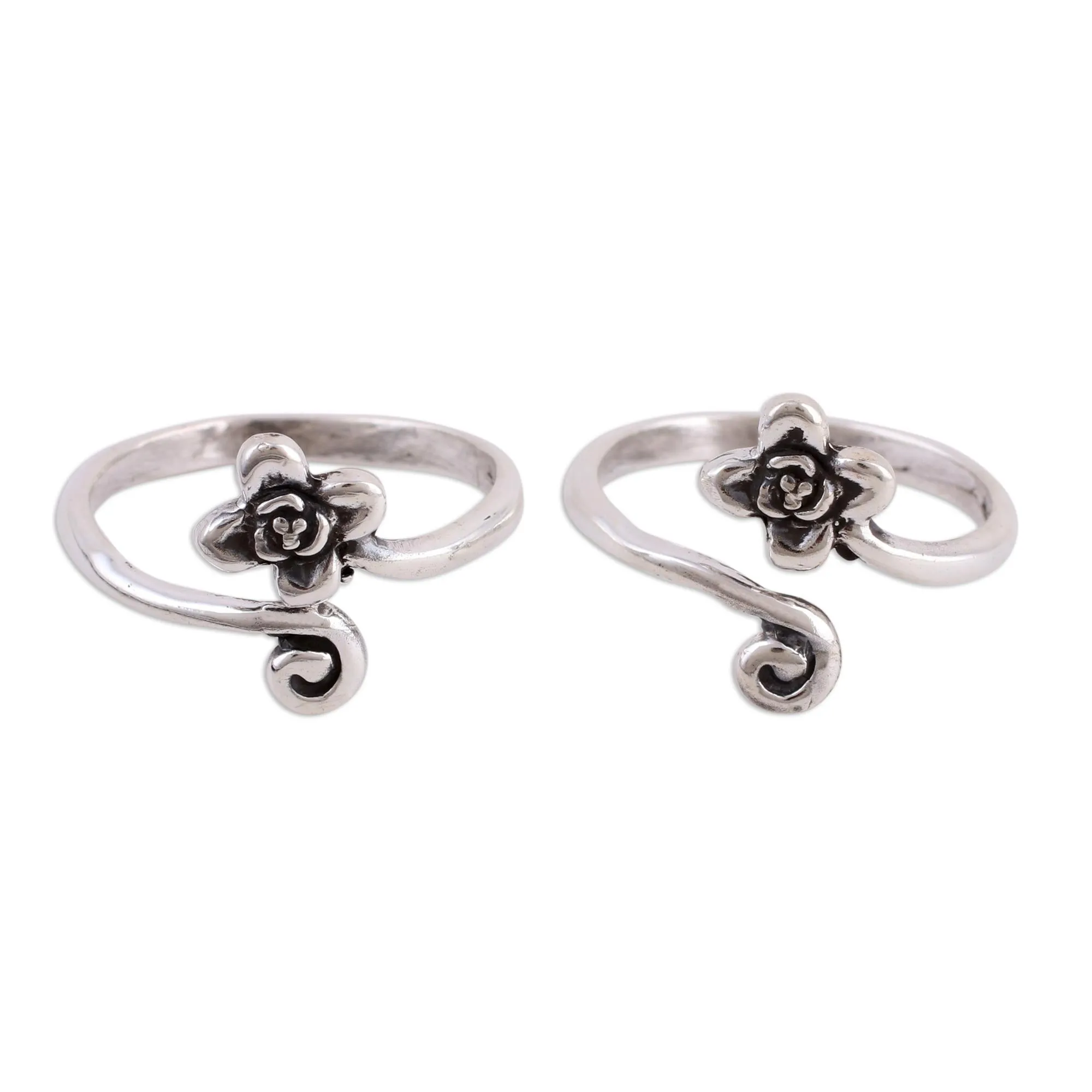 Flower Motif Toe Rings Handmade in Sterling Silver (Pair) - Flower and Swirl | NOVICA