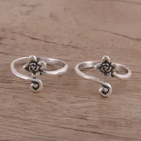 Flower Motif Toe Rings Handmade in Sterling Silver (Pair) - Flower and Swirl | NOVICA