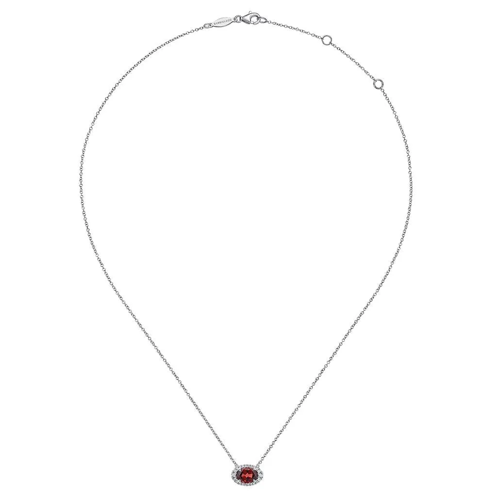Gabriel & Co. 14K White Gold Oval Garnet and Diamond Halo Pendant Necklace