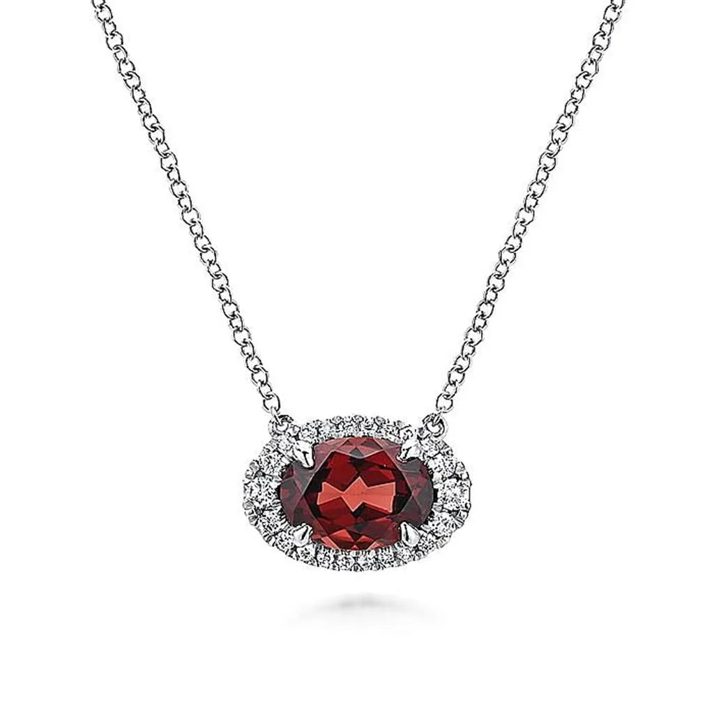 Gabriel & Co. 14K White Gold Oval Garnet and Diamond Halo Pendant Necklace
