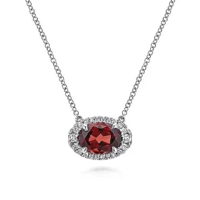 Gabriel & Co. 14K White Gold Oval Garnet and Diamond Halo Pendant Necklace
