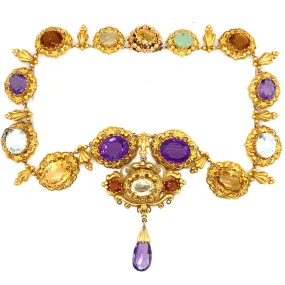 Georgian gold amethyst, citrine, aquamarine and chrysophrase necklace, 1820.