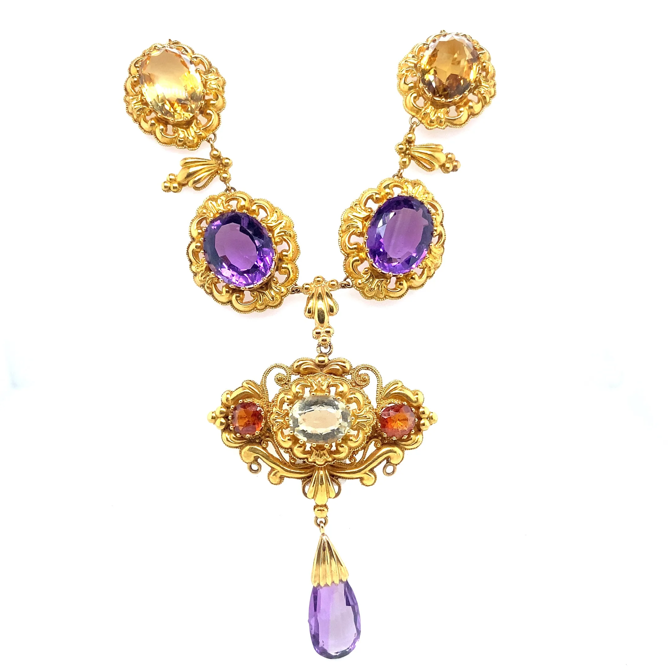 Georgian gold amethyst, citrine, aquamarine and chrysophrase necklace, 1820.