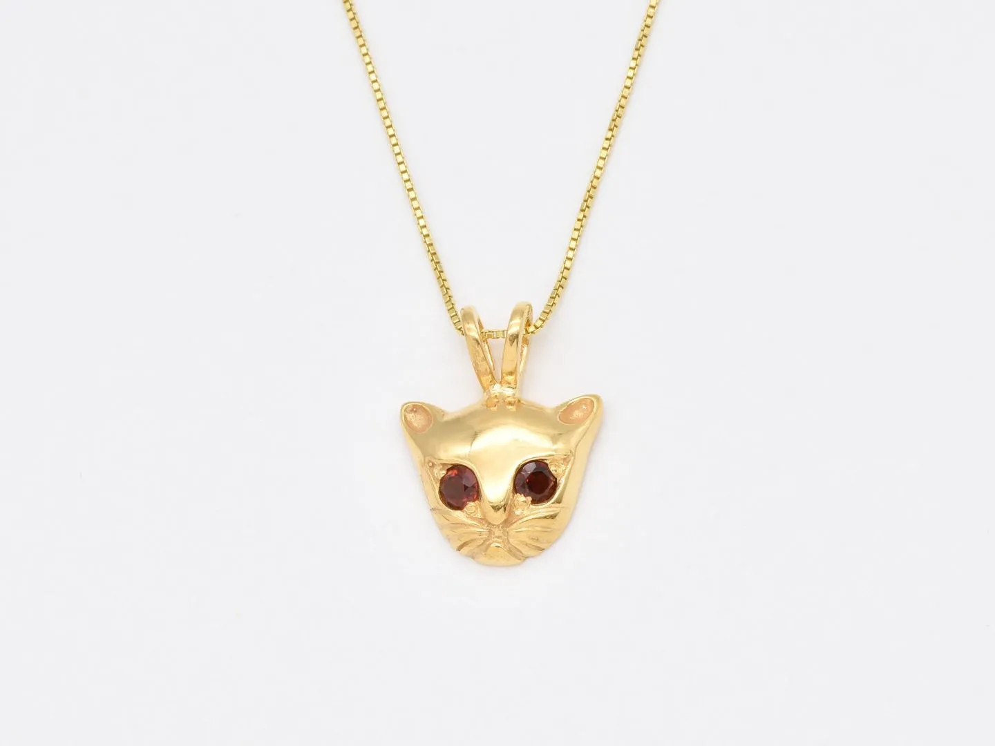 Gold Cat Necklace - Natural Garnet Pendant - Cat Lover Pendant