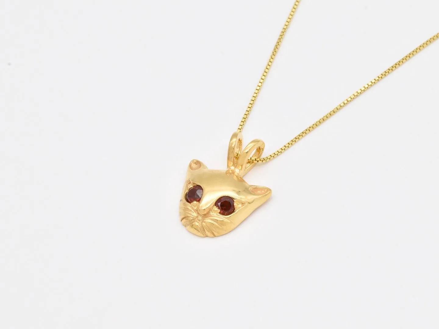 Gold Cat Necklace - Natural Garnet Pendant - Cat Lover Pendant
