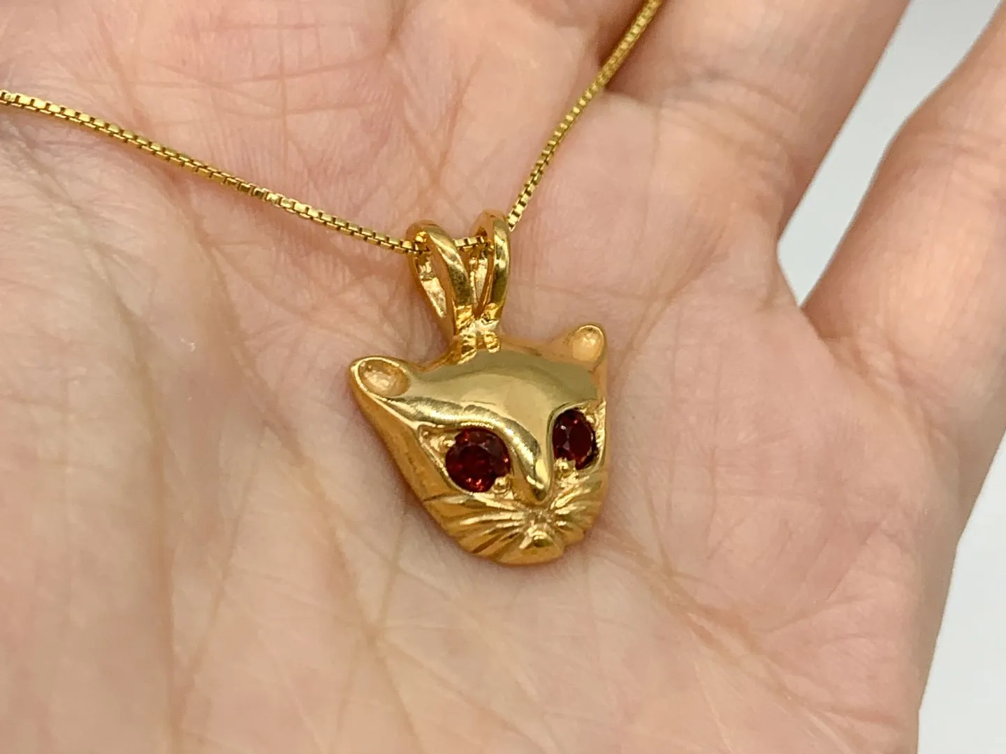 Gold Cat Necklace - Natural Garnet Pendant - Cat Lover Pendant
