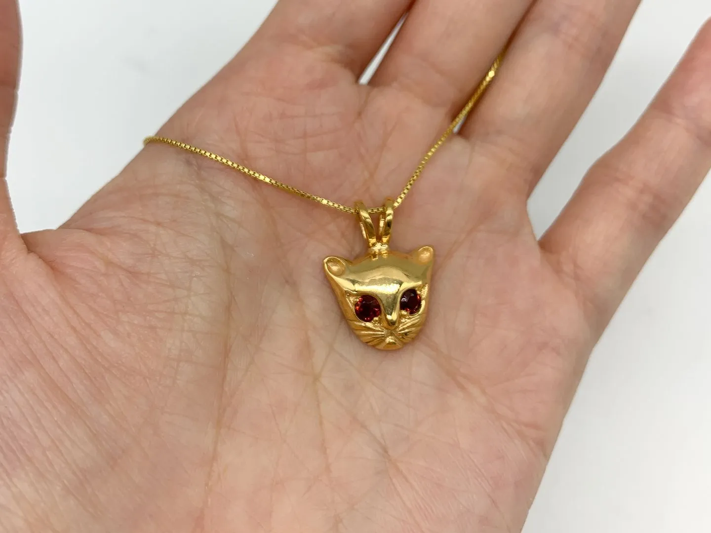 Gold Cat Necklace - Natural Garnet Pendant - Cat Lover Pendant