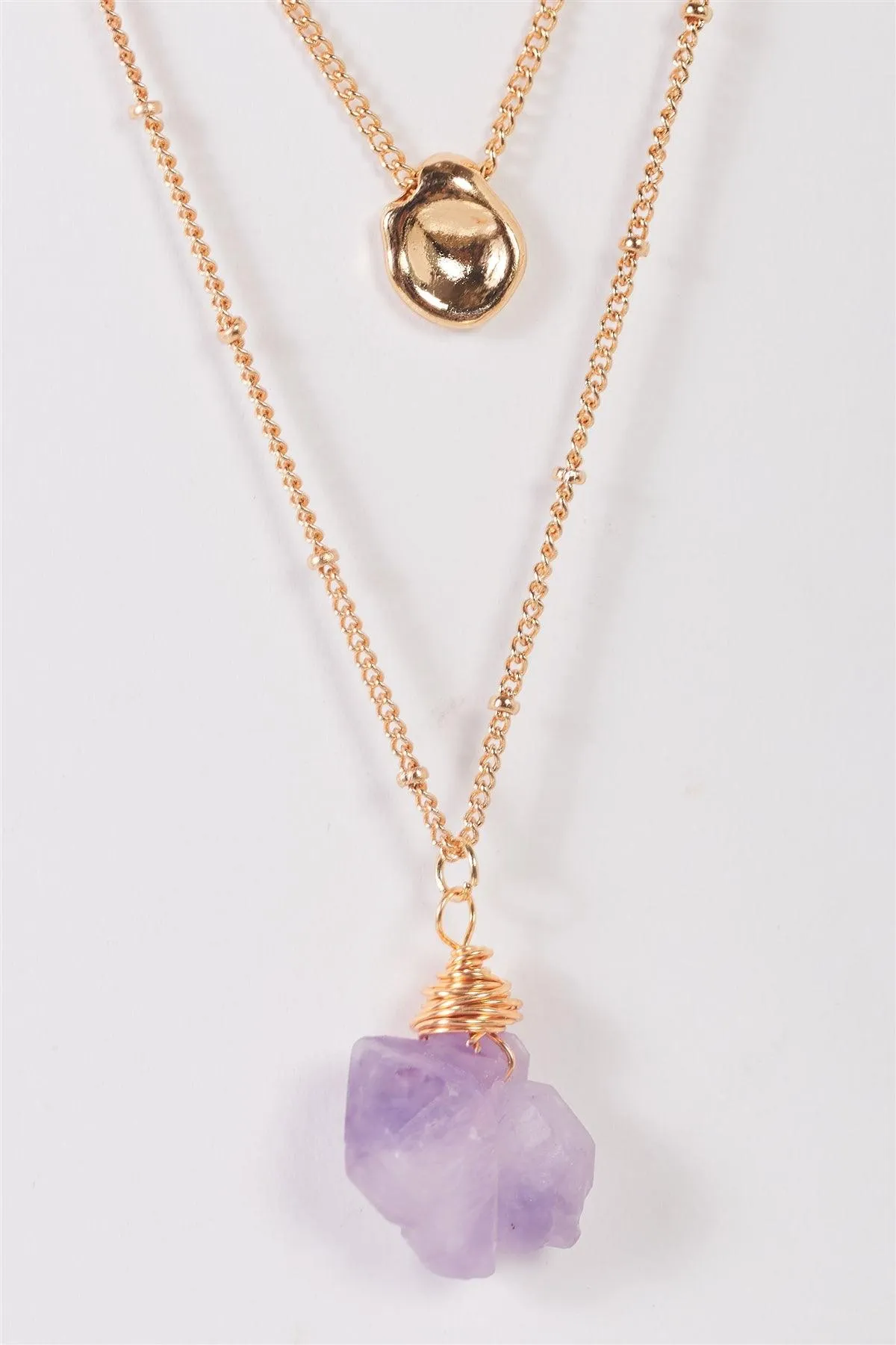 Gold Double Chain With Faux Violet Amethyst Stone & Uneven Circle Pendant Necklace /3 Pieces