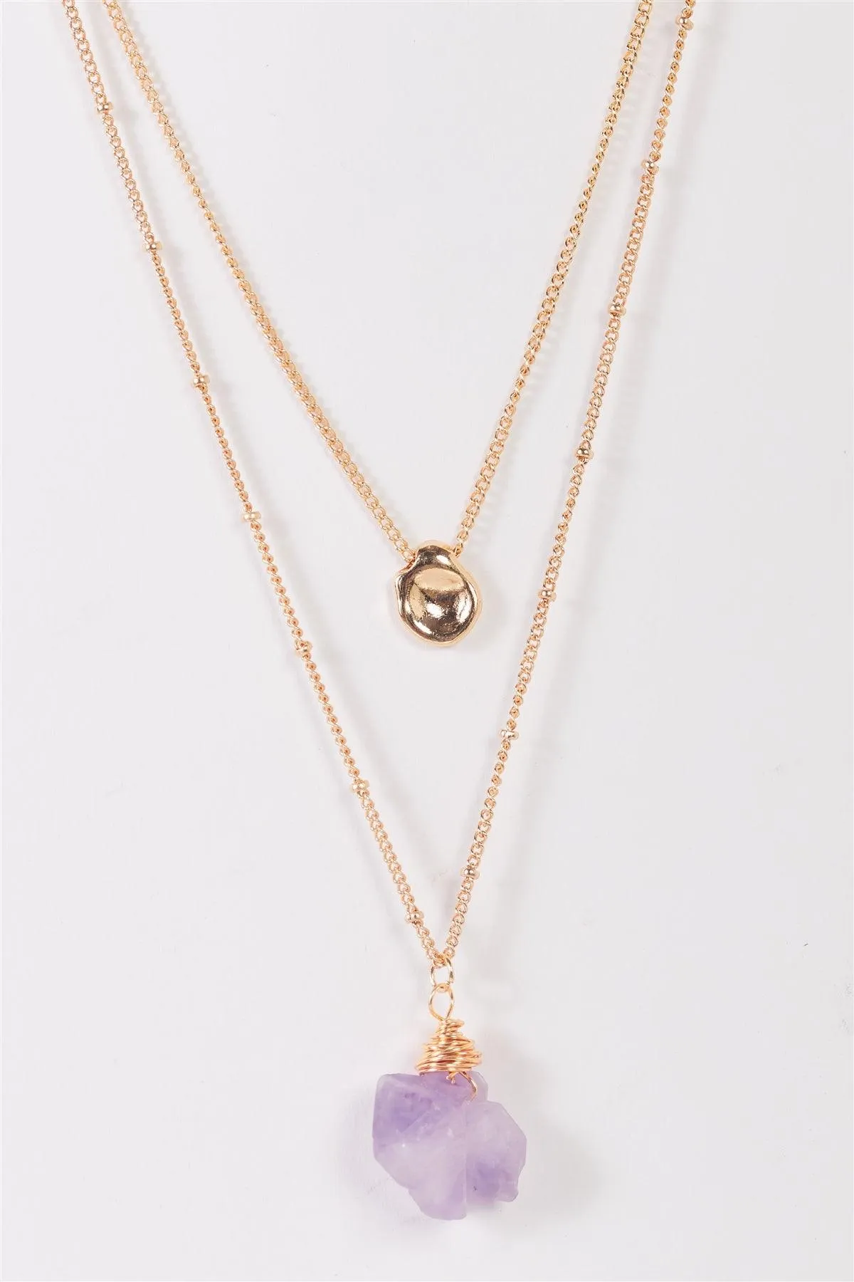 Gold Double Chain With Faux Violet Amethyst Stone & Uneven Circle Pendant Necklace /3 Pieces