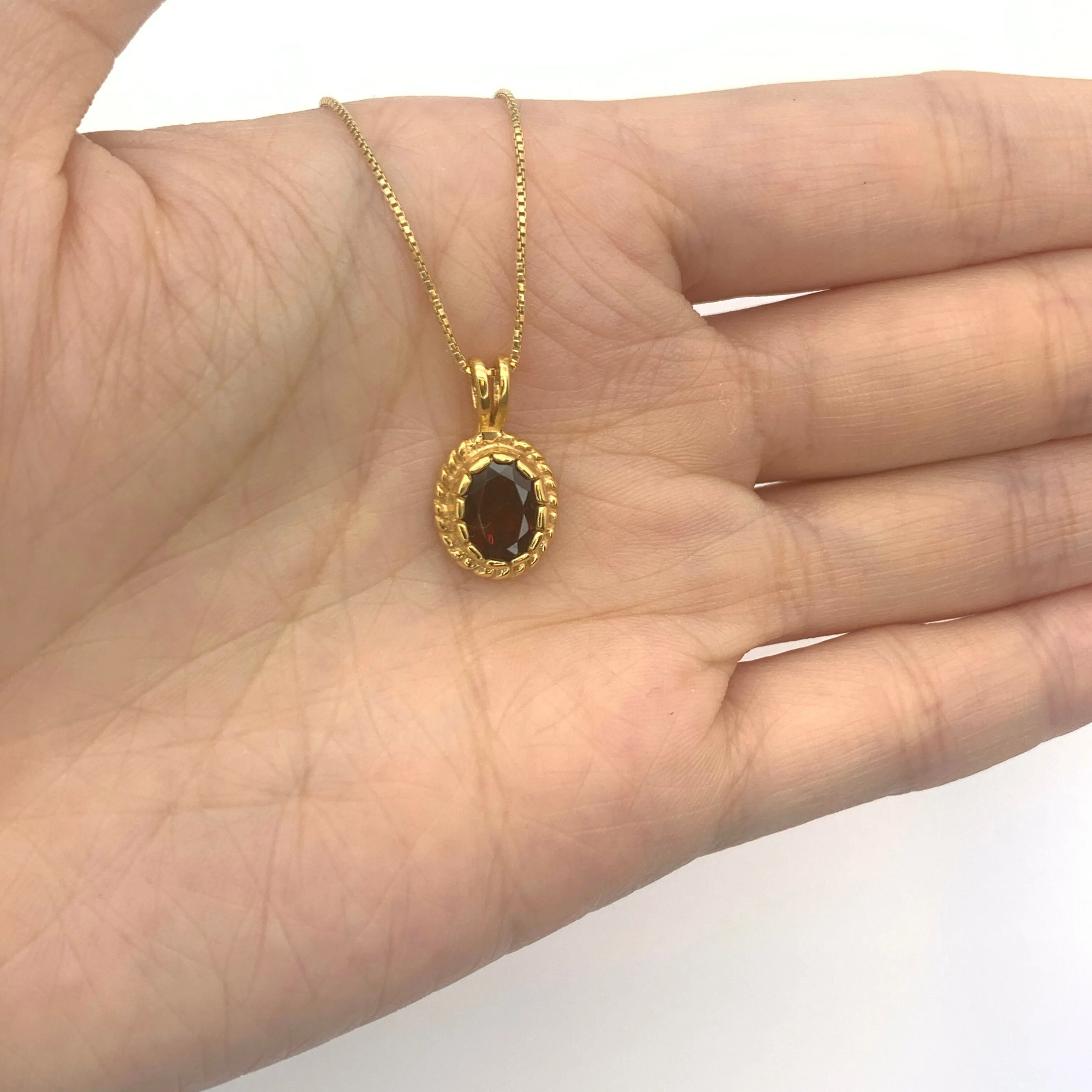 Gold Garnet Pendant - Red Oval Necklace - Vintage Gold Necklace