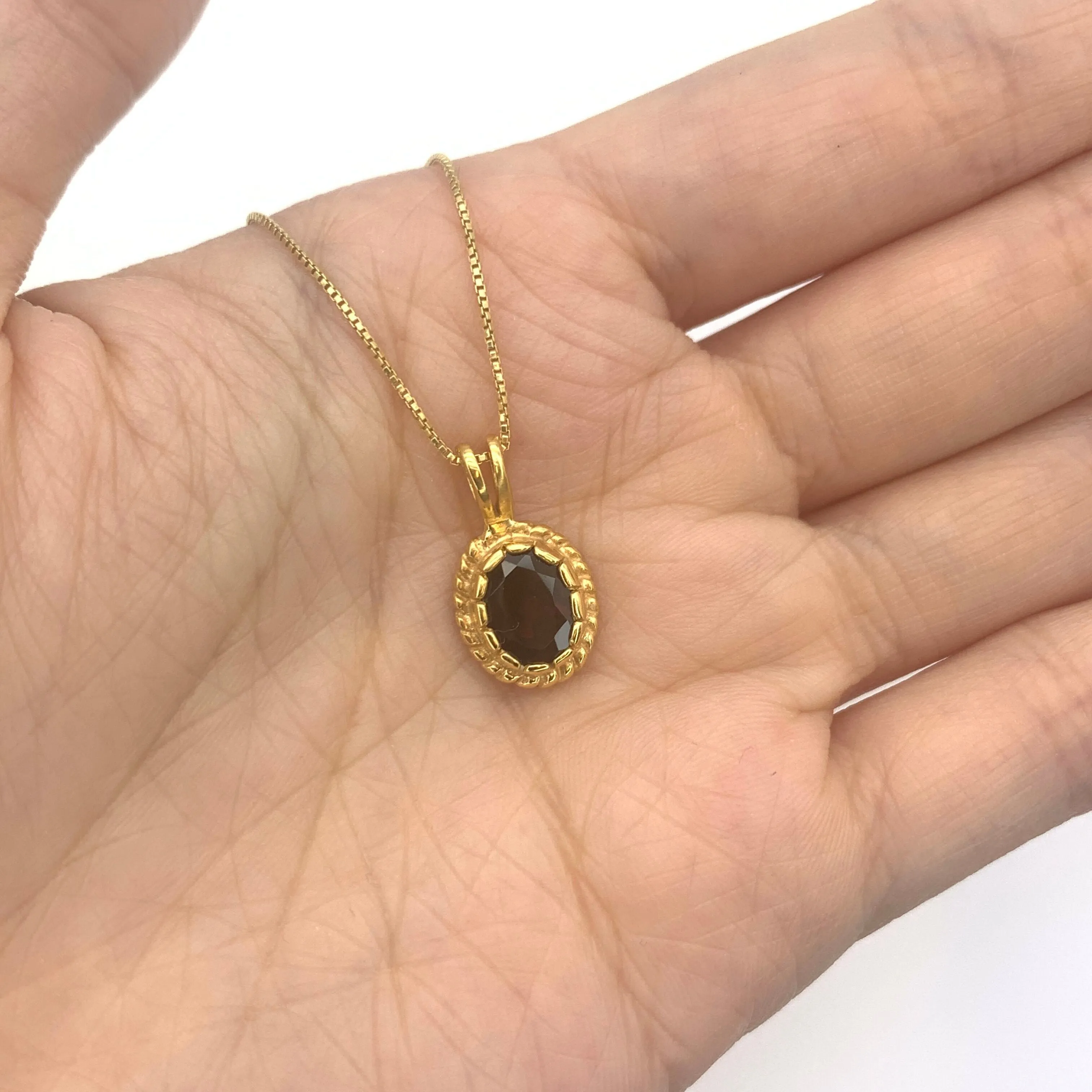 Gold Garnet Pendant - Red Oval Necklace - Vintage Gold Necklace