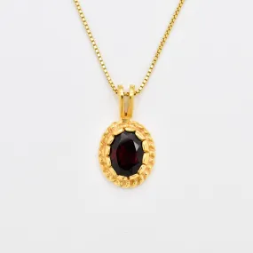 Gold Garnet Pendant - Red Oval Necklace - Vintage Gold Necklace