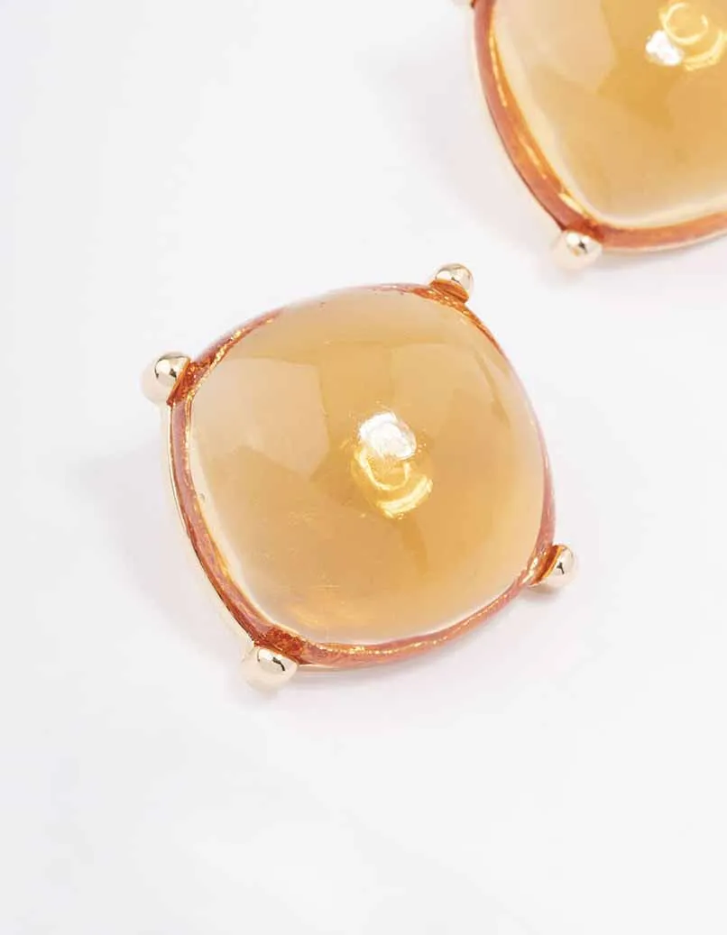 Gold Large Amber Square Stud Earrings