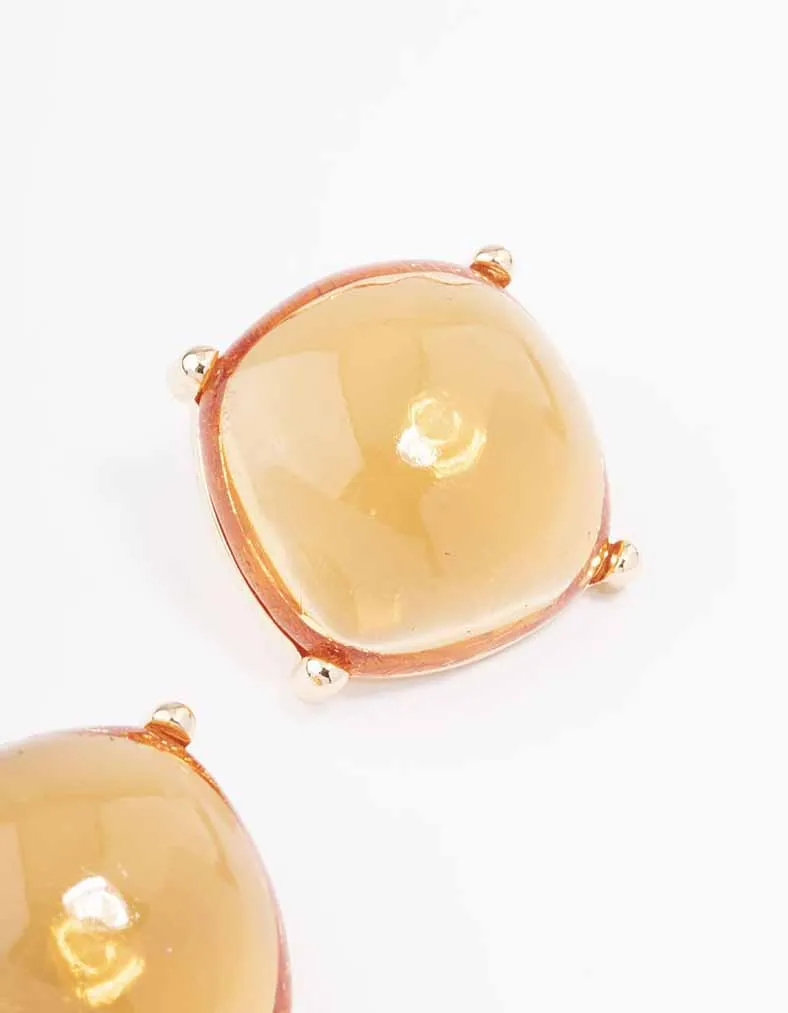 Gold Large Amber Square Stud Earrings