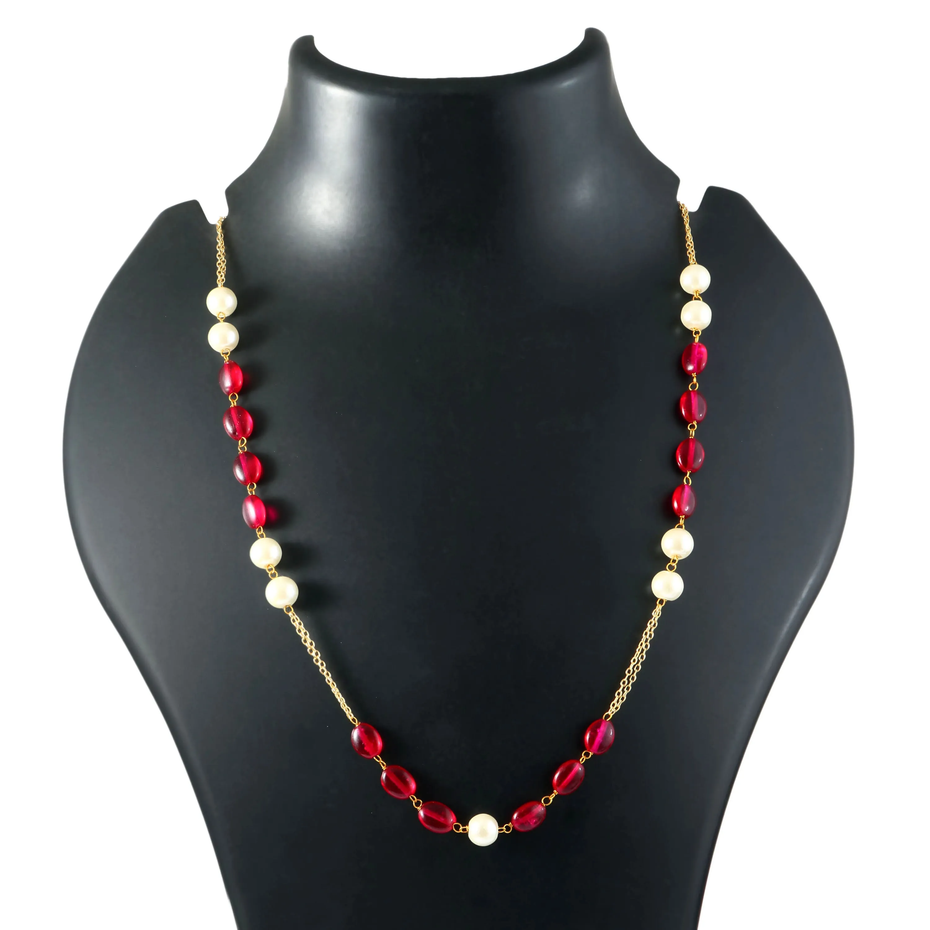 Gold-Plated Necklace with Ruby Beads and Shell Pearls