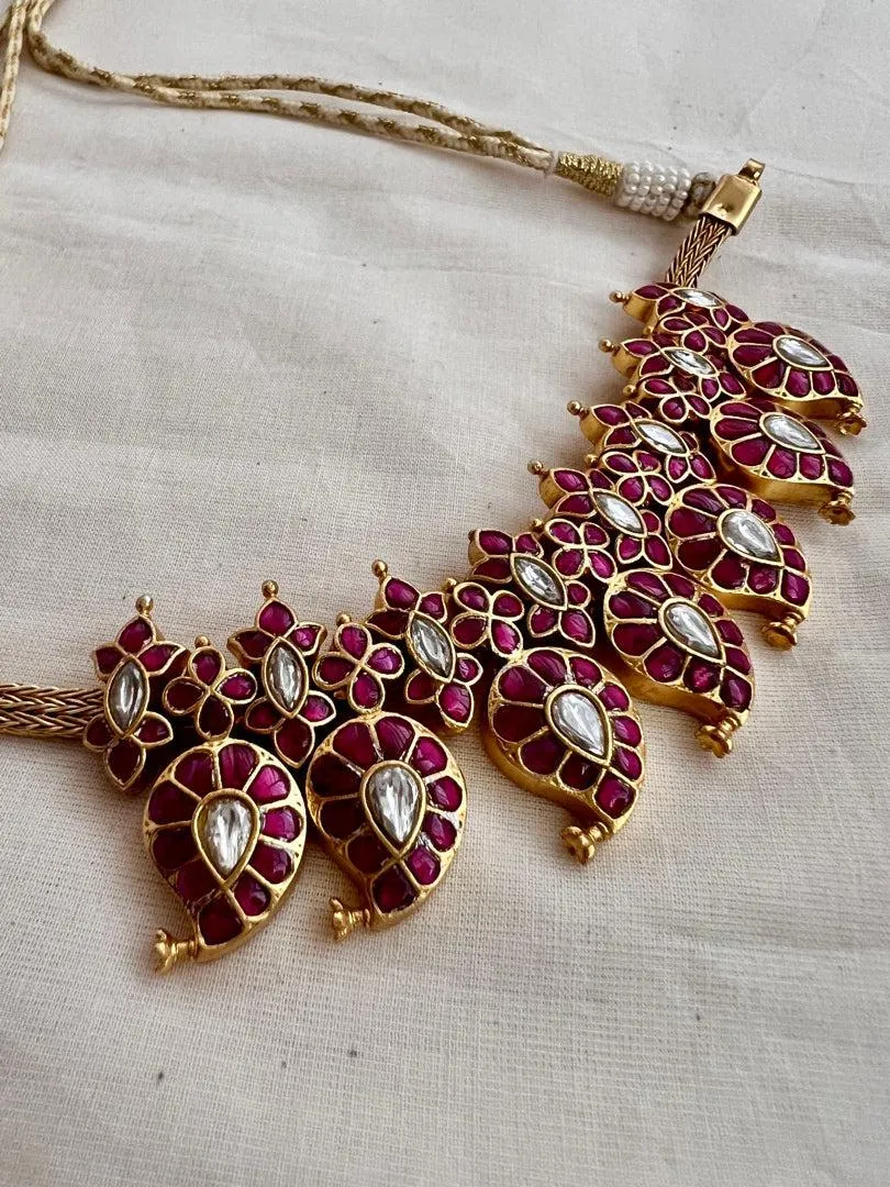 Gold polish kundan & ruby paisley necklace