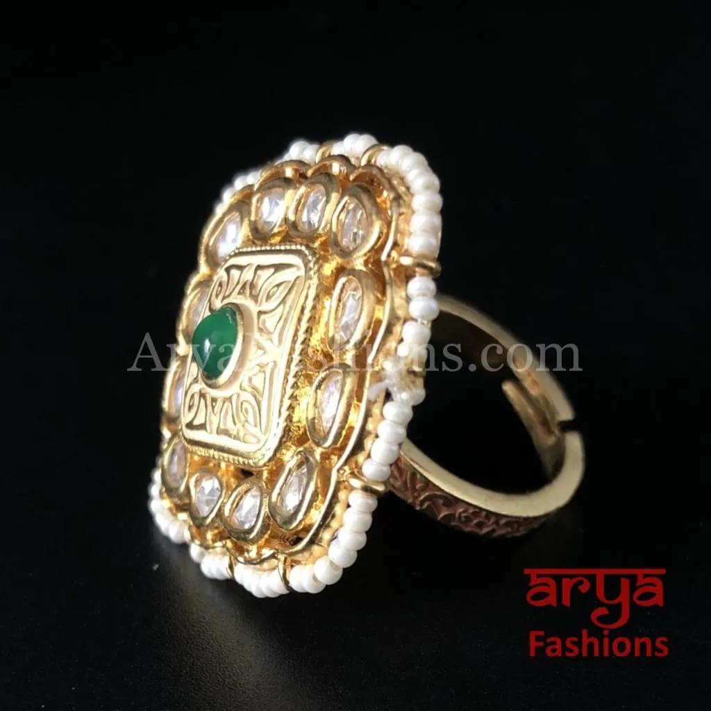 Golden Ivory White Meenakari Kundan Ring with Emerald Center Stone