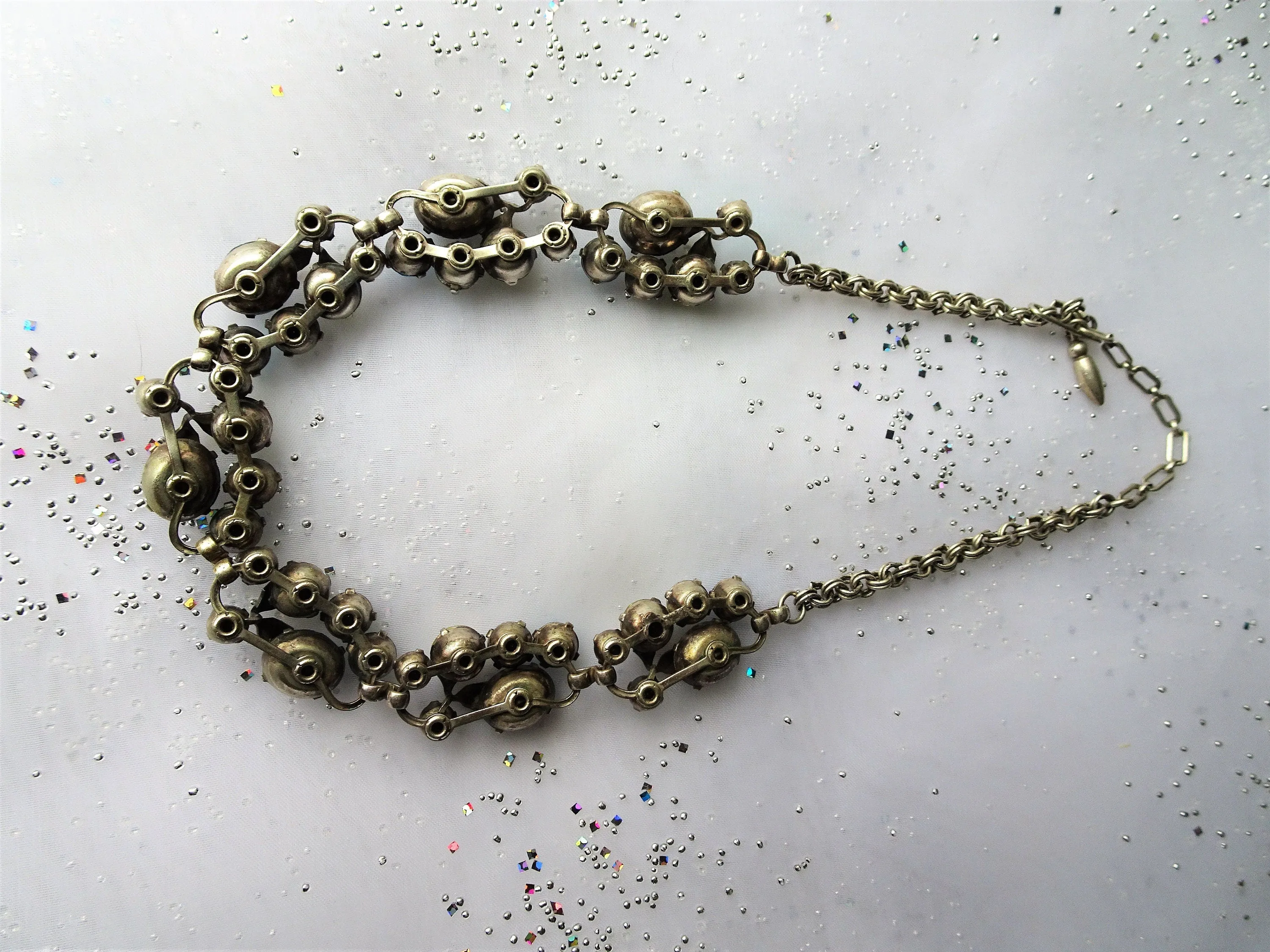 GORGEOUS Mid Century Necklace, Sparkling Faceted Crystal Stones,Blues,Champagne, Ab Stones,Intricate Silver Tone Metal, Collectible Jewelry