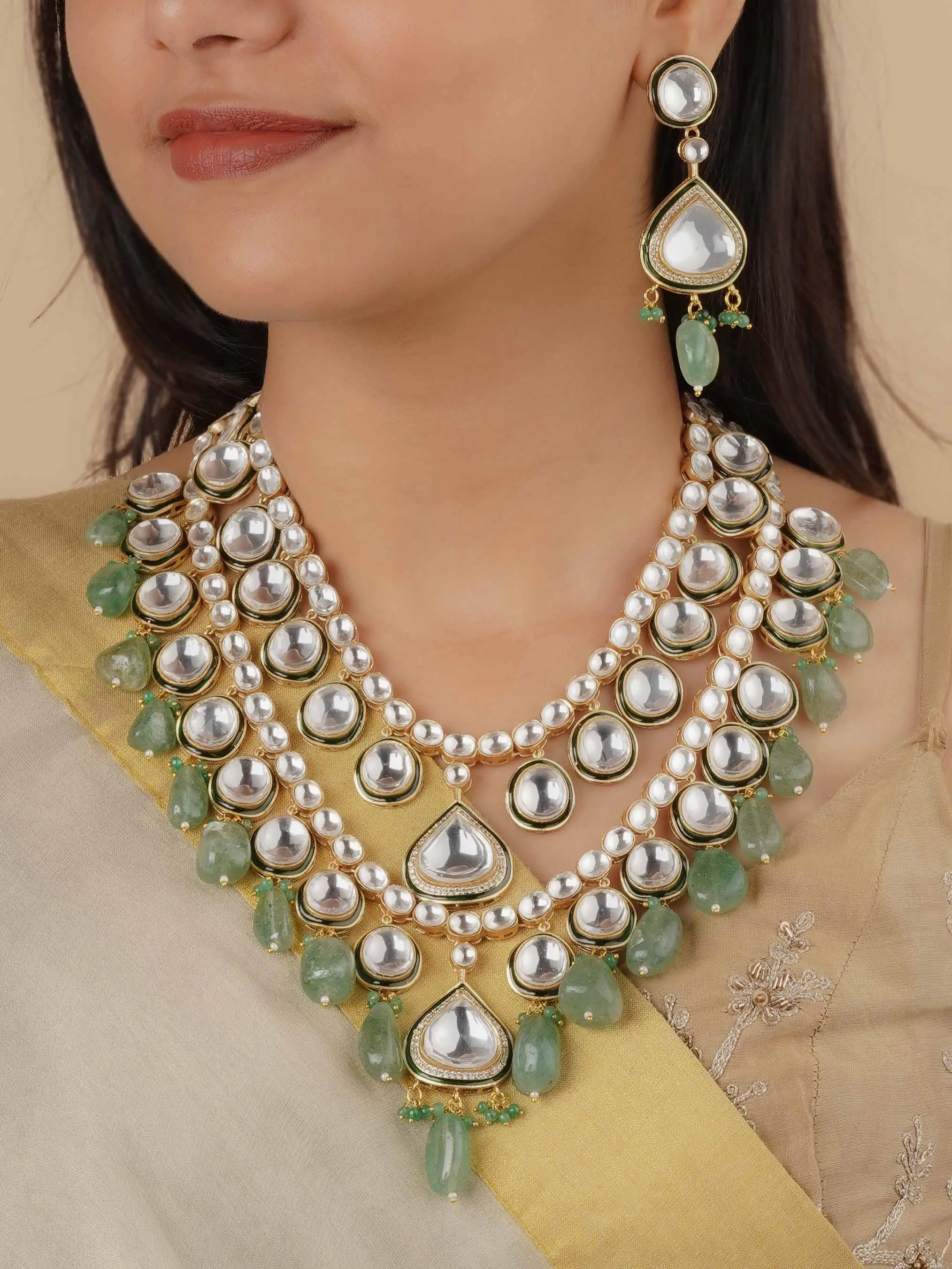Green Color Gold Plated Faux Polki Bridal Necklace Set - PK-S187WGR