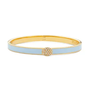 HALCYON DAYS 18K YELLOW GOLD PLATED 6MM SKINNY PAVE BUTTON FORGET-ME-NOT ENAMELED BANGLE BRACELET