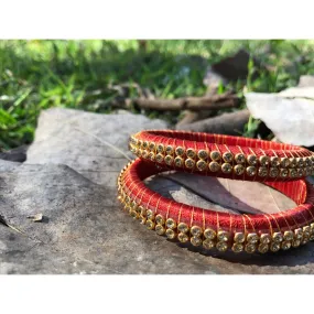Handmade Red Silk Bangles With Double Dull Gold Stone Line