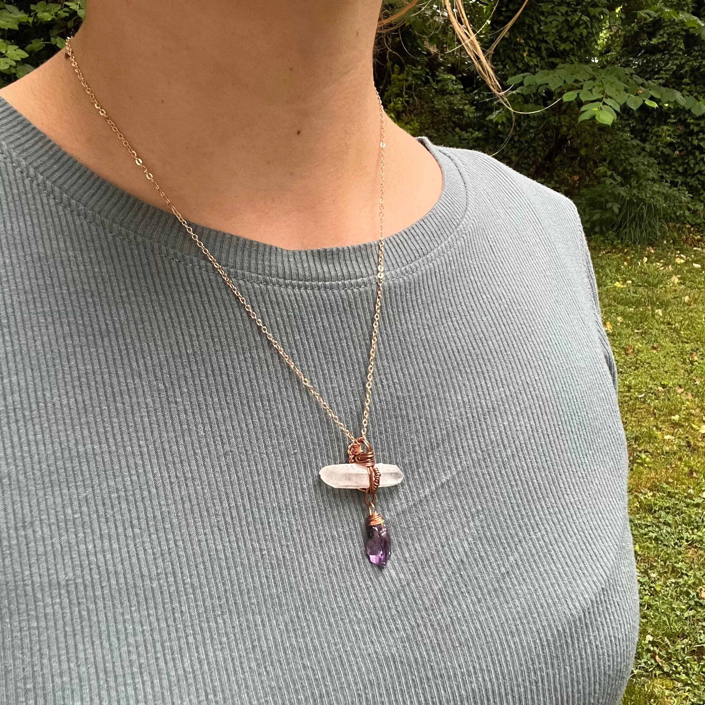 Handmade Wire-Wrapped Double Terminated Quartz & Amethyst Pendant