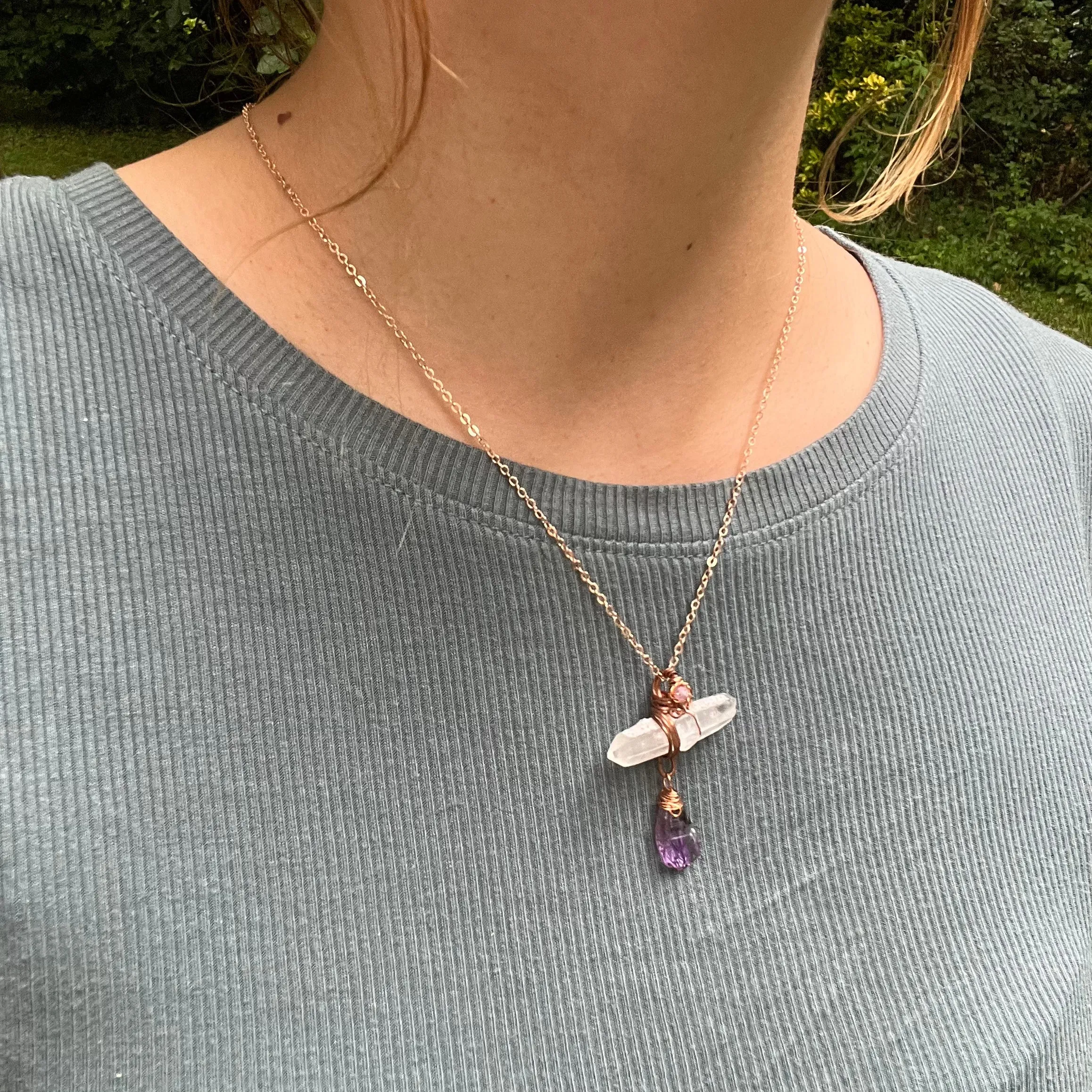 Handmade Wire-Wrapped Double Terminated Quartz & Amethyst Pendant