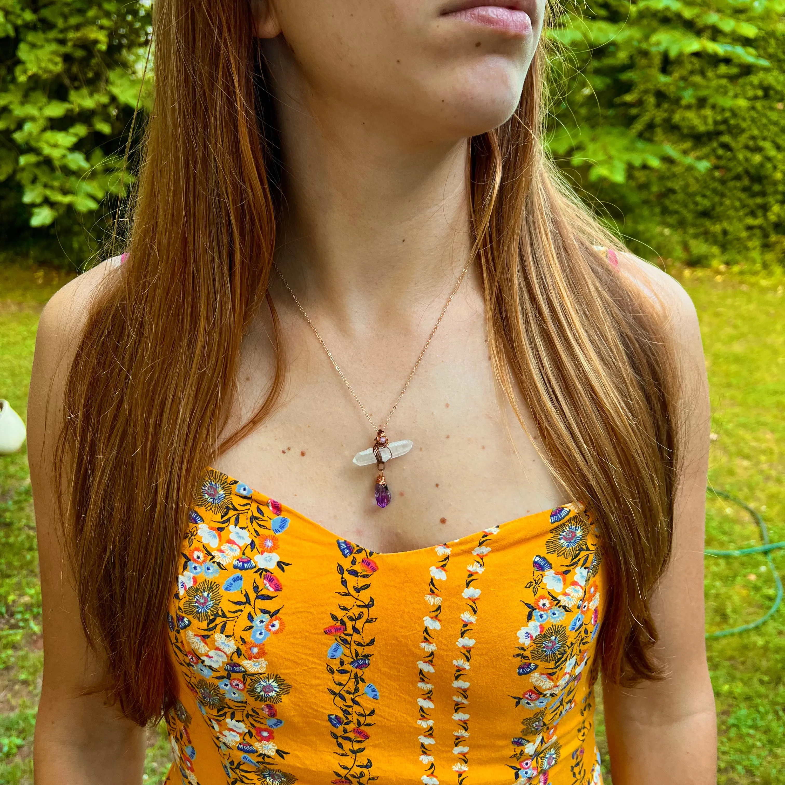Handmade Wire-Wrapped Double Terminated Quartz & Amethyst Pendant