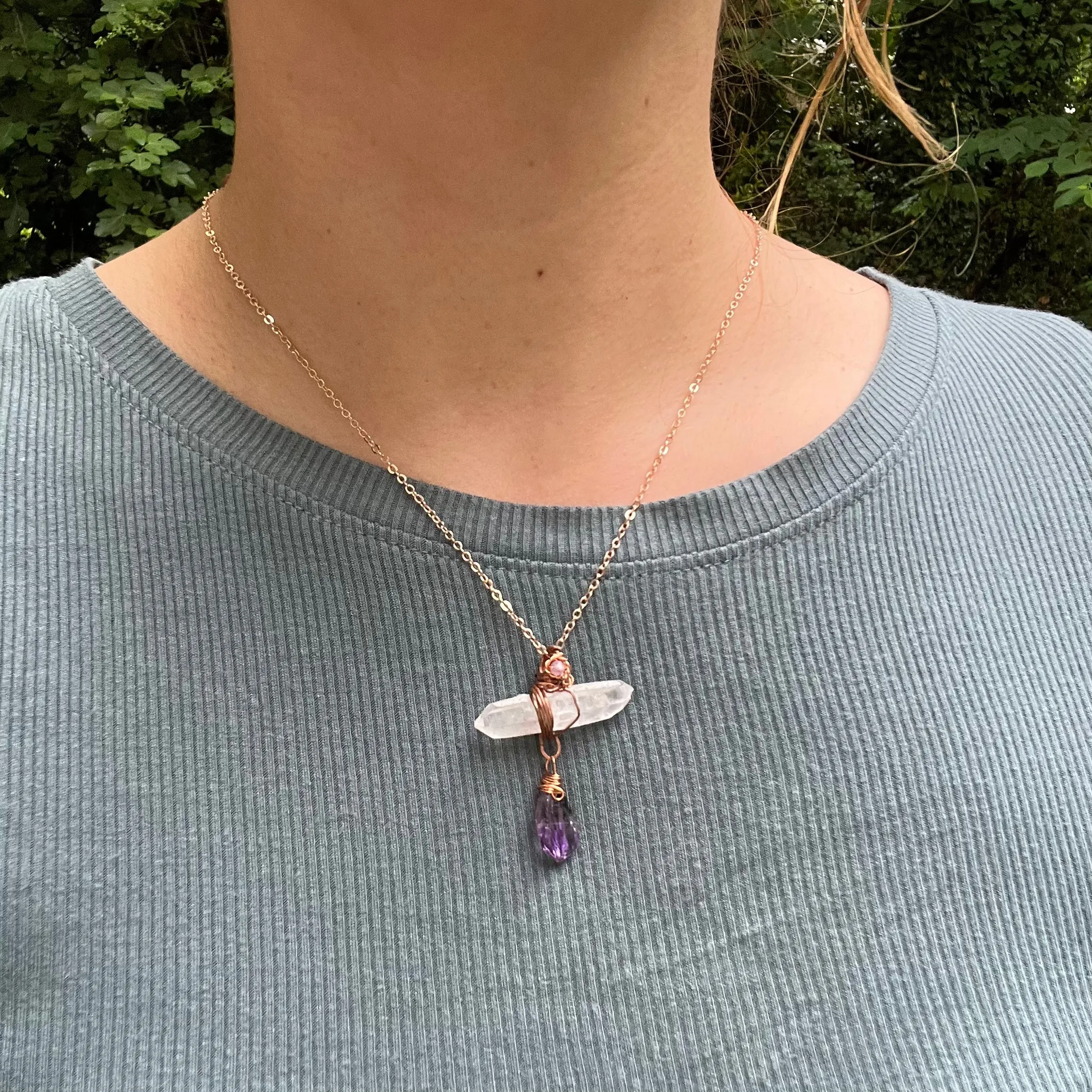 Handmade Wire-Wrapped Double Terminated Quartz & Amethyst Pendant