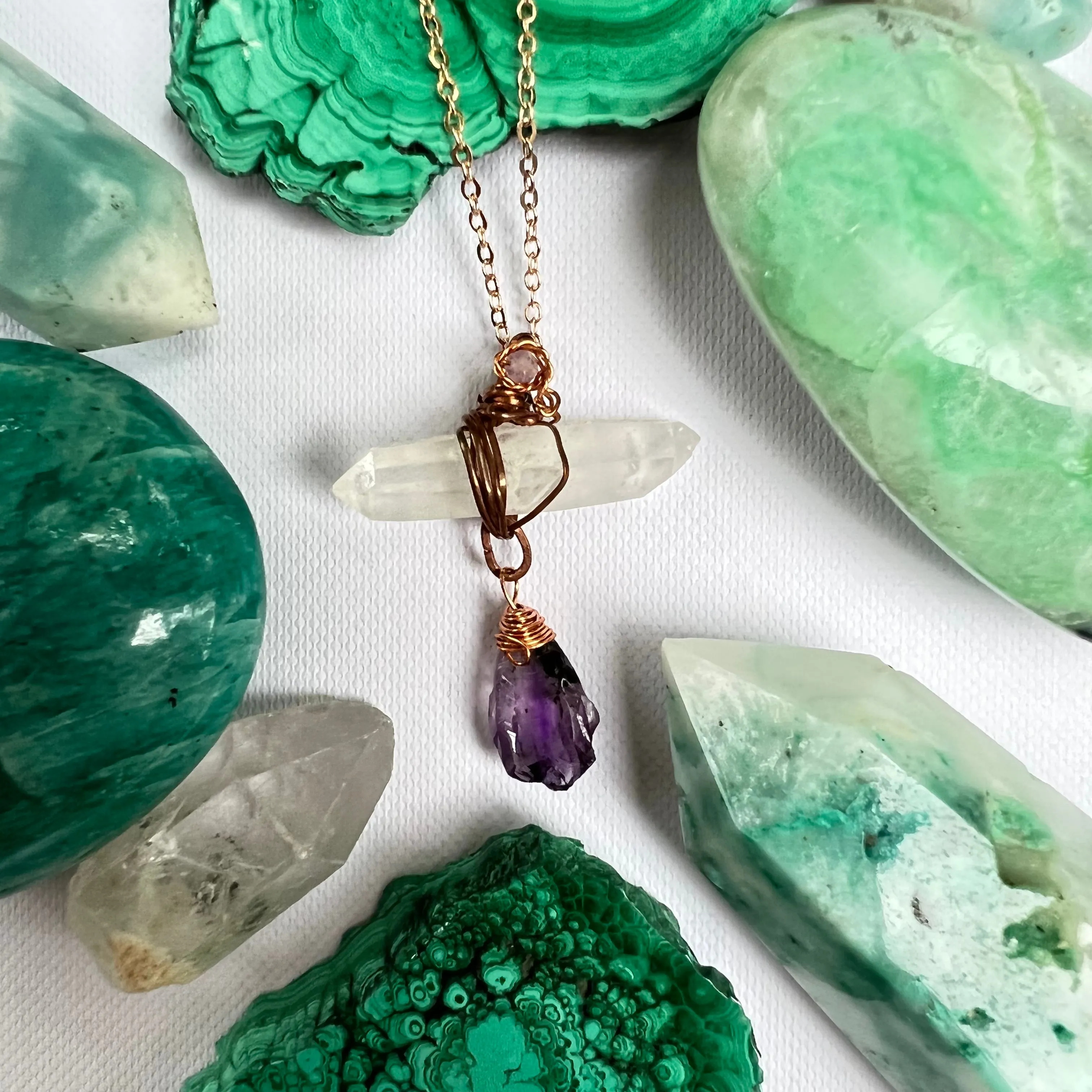 Handmade Wire-Wrapped Double Terminated Quartz & Amethyst Pendant