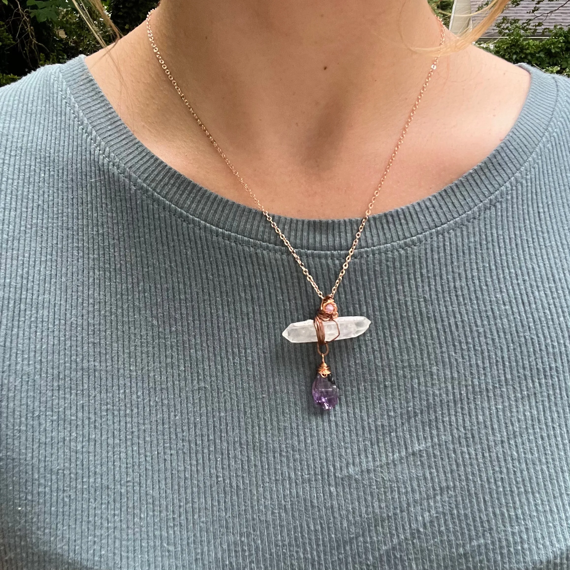 Handmade Wire-Wrapped Double Terminated Quartz & Amethyst Pendant