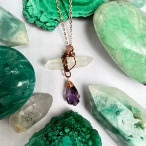 Handmade Wire-Wrapped Double Terminated Quartz & Amethyst Pendant