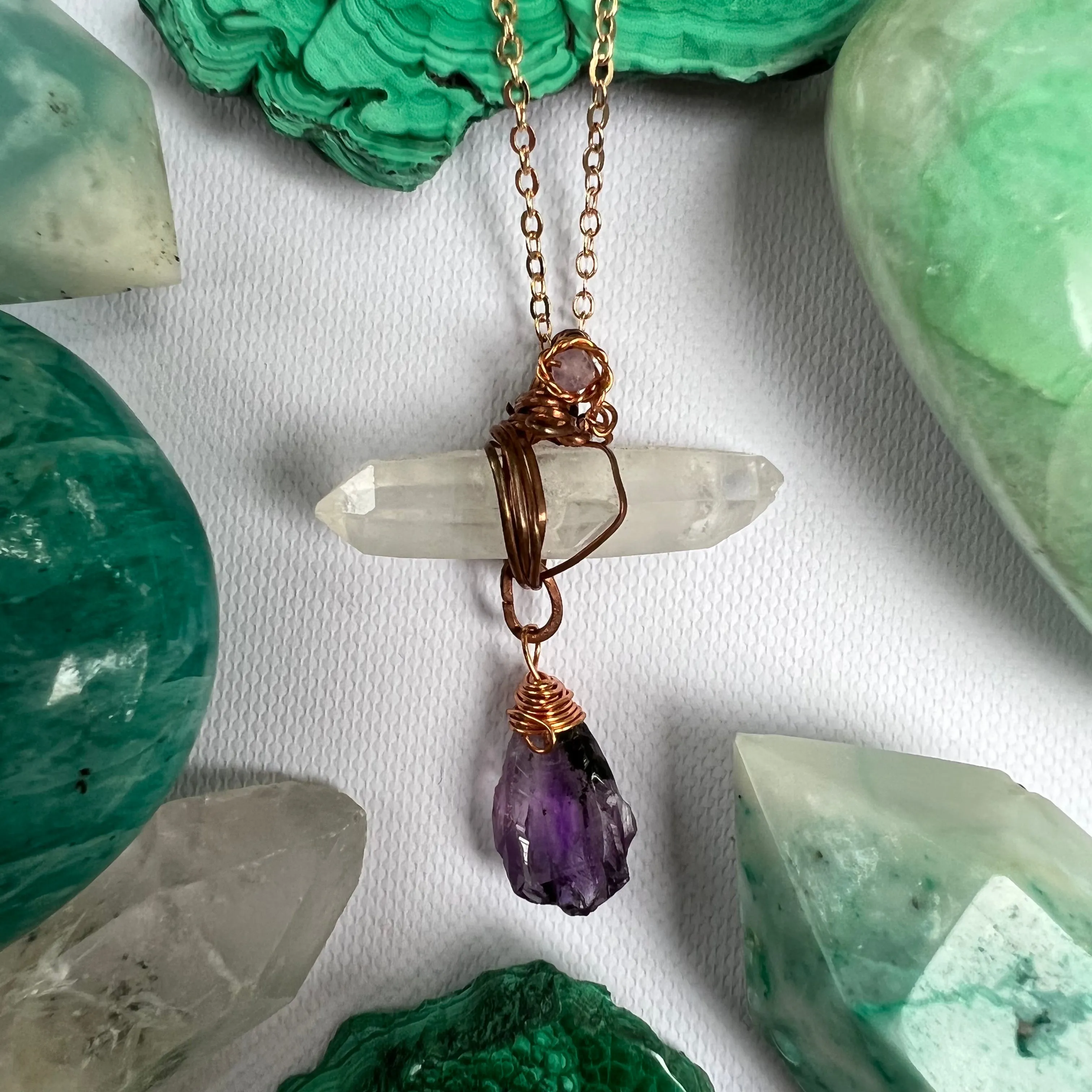 Handmade Wire-Wrapped Double Terminated Quartz & Amethyst Pendant