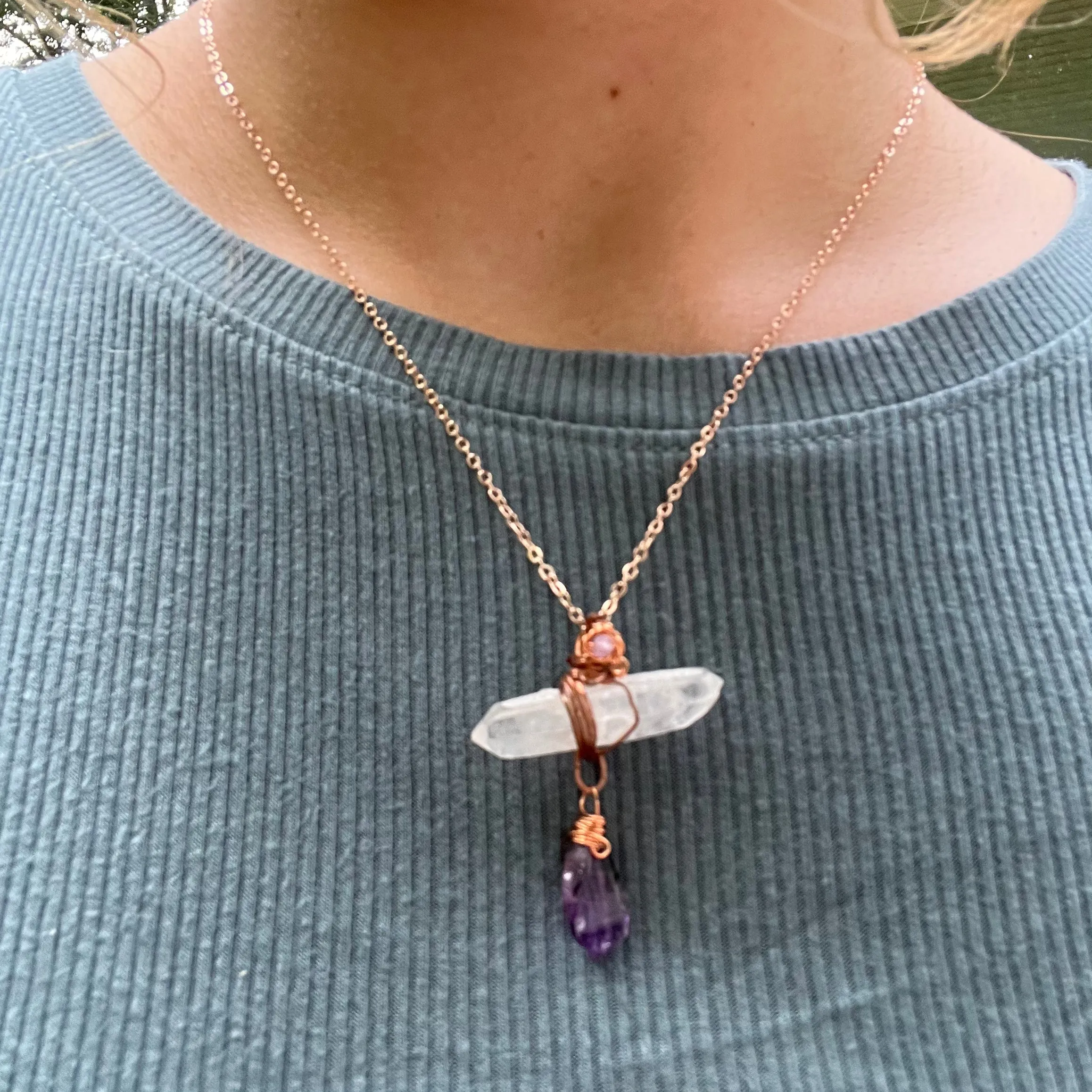 Handmade Wire-Wrapped Double Terminated Quartz & Amethyst Pendant