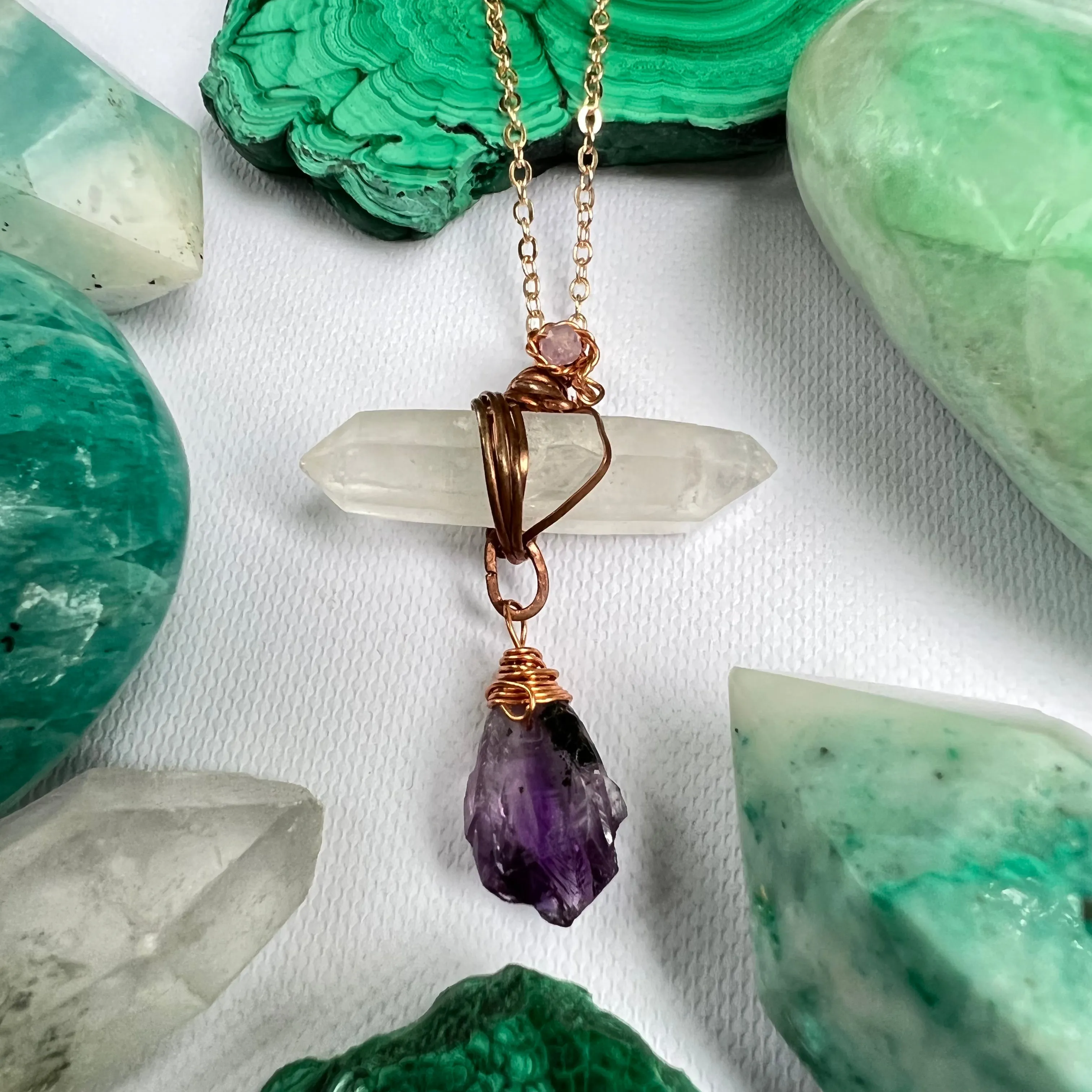 Handmade Wire-Wrapped Double Terminated Quartz & Amethyst Pendant