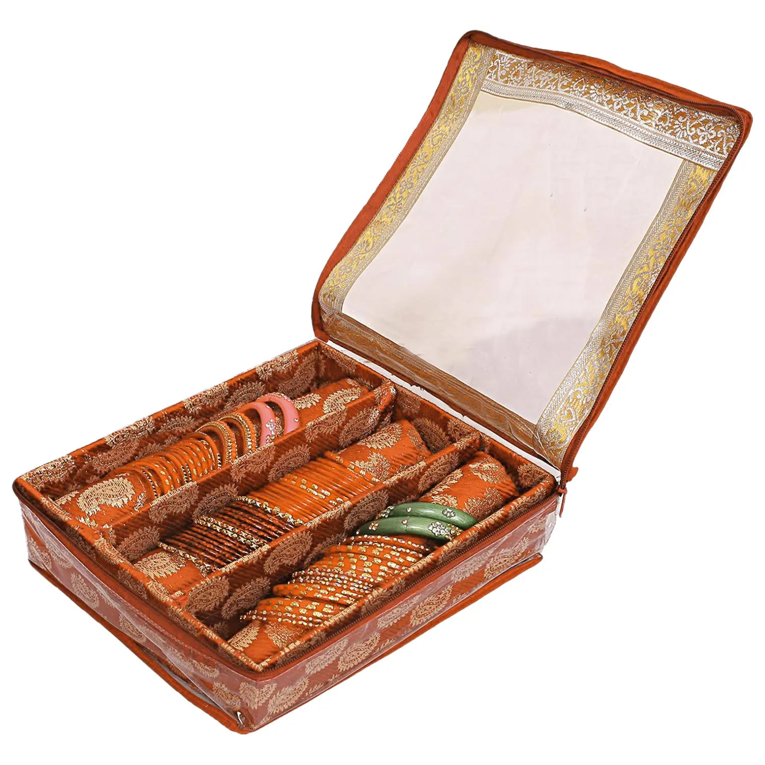 Heart Home Multipurpose Carry Design Laminated 3 Rod Bangle Box/Organizer/Case With Tranasparent Top (Orange)-47HH09