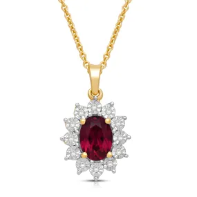 Jewelili 18K Yellow Gold over Sterling Silver 7x5 MM Oval Created Ruby and 1/20 Cttw Natural White Round Diamond Pendant Necklace