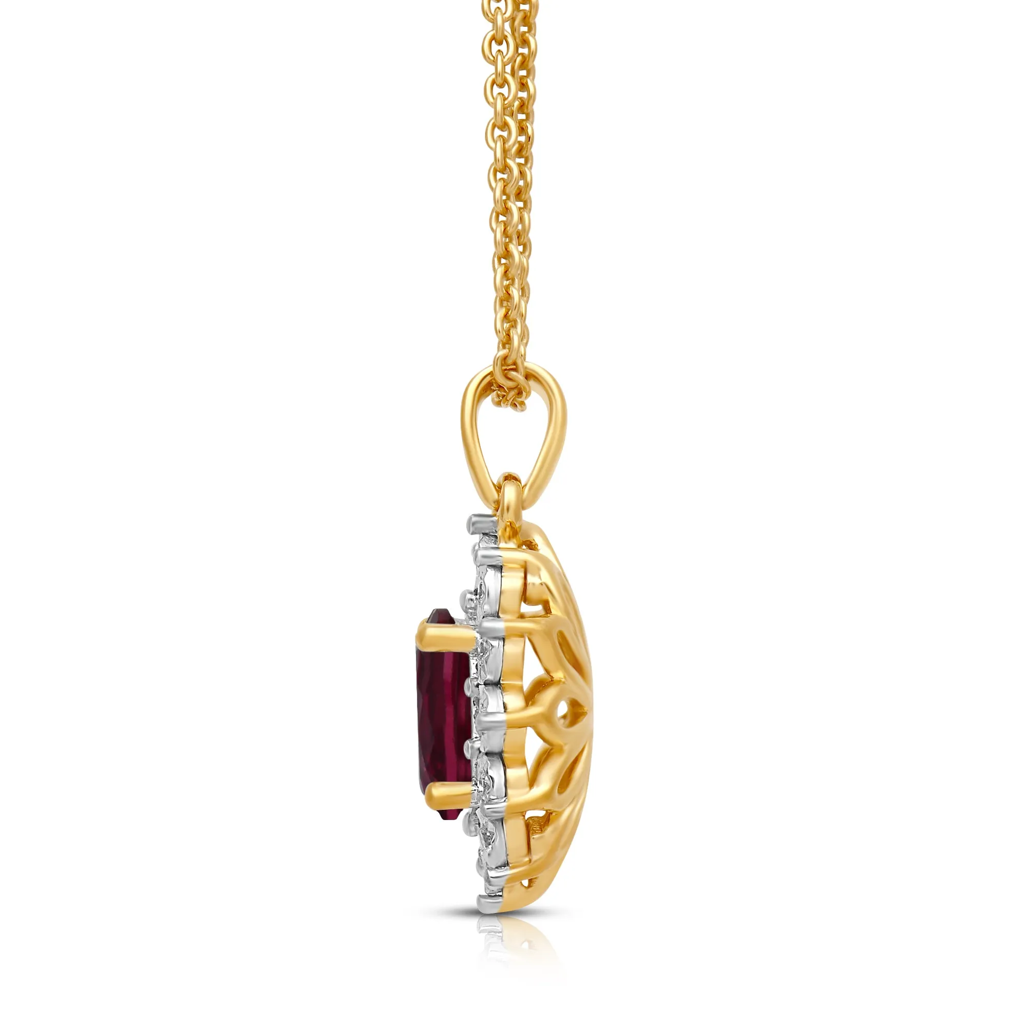 Jewelili 18K Yellow Gold over Sterling Silver 7x5 MM Oval Created Ruby and 1/20 Cttw Natural White Round Diamond Pendant Necklace