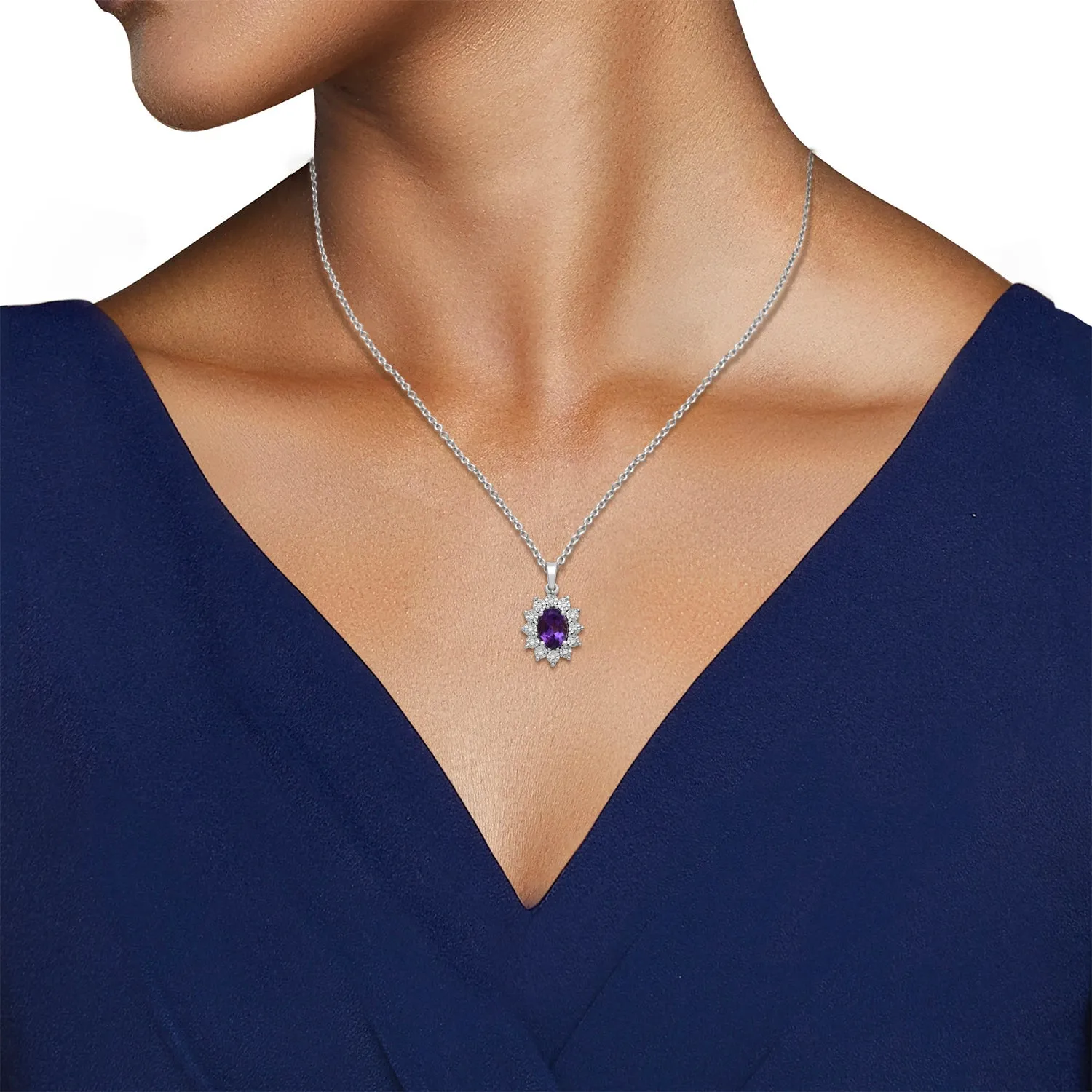 Jewelili Sterling Silver 7x5 MM Oval Created Amethyst and 1/20 Cttw Natural White Round Diamond Pendant Necklace