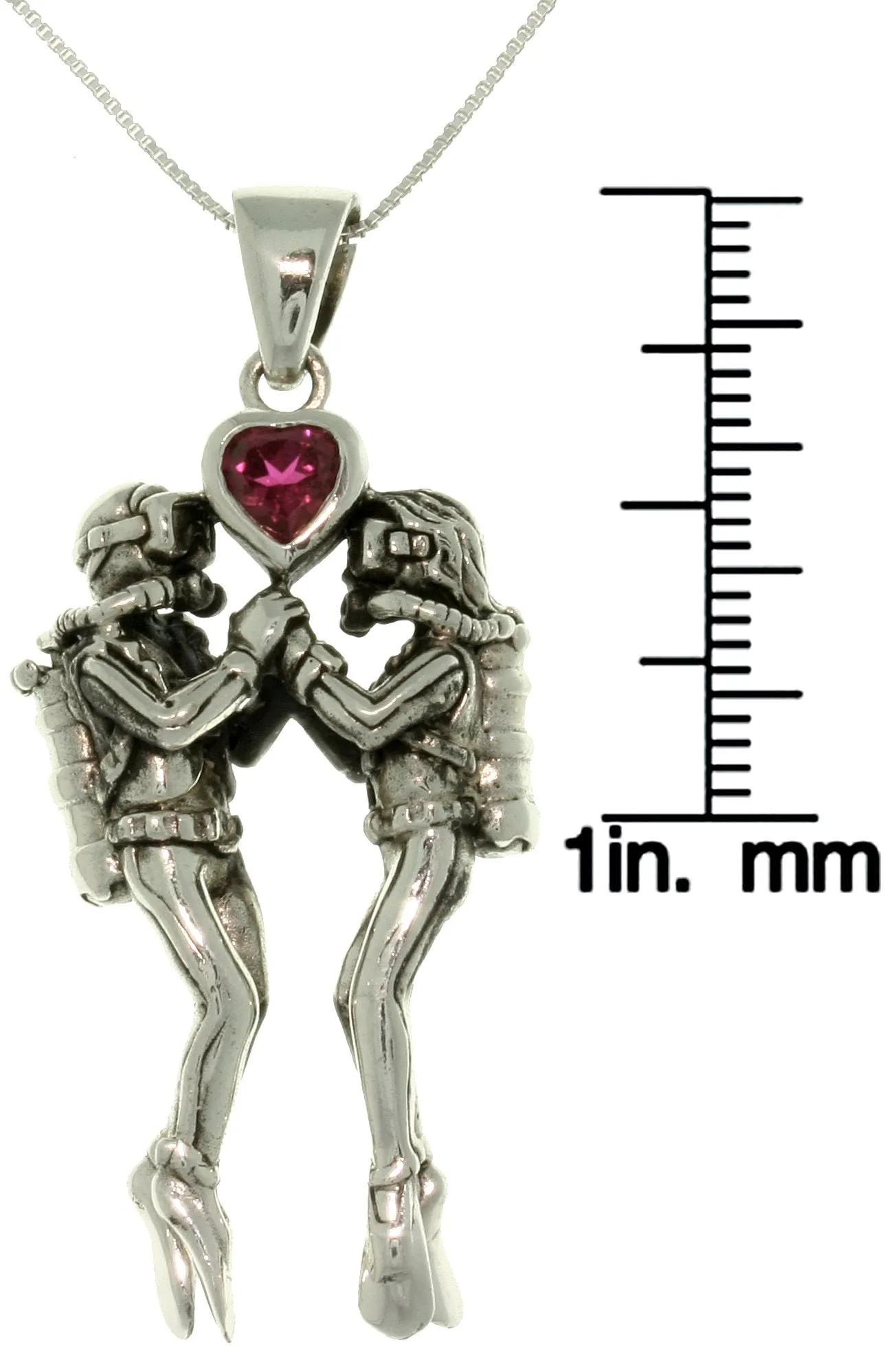 Jewelry Trends Sterling Silver Sea Life Scuba Divers Garnet Heart Pendant with 18 Inch Box Chain Necklace