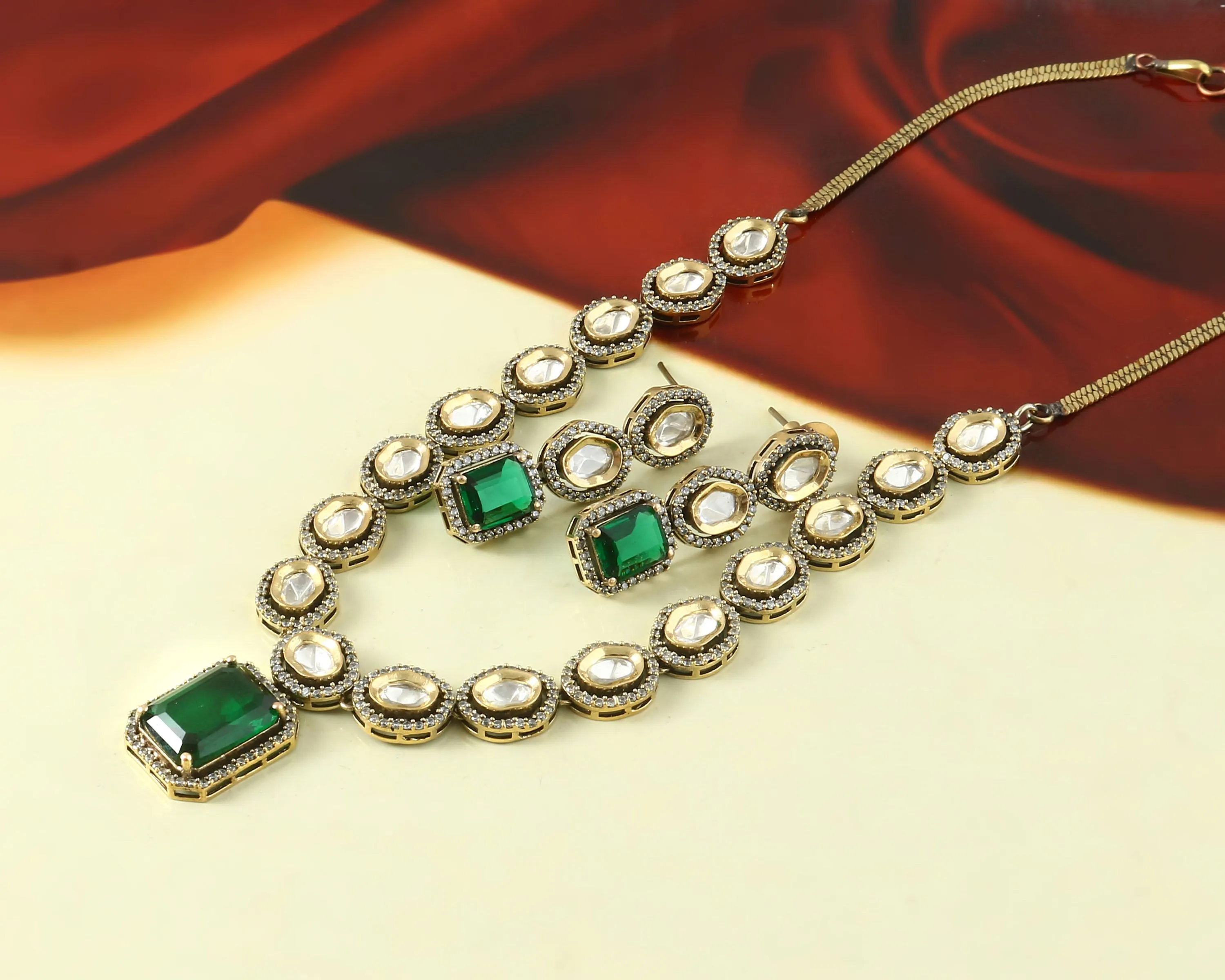 Kundan Polki Necklace Set with Victorian Polish