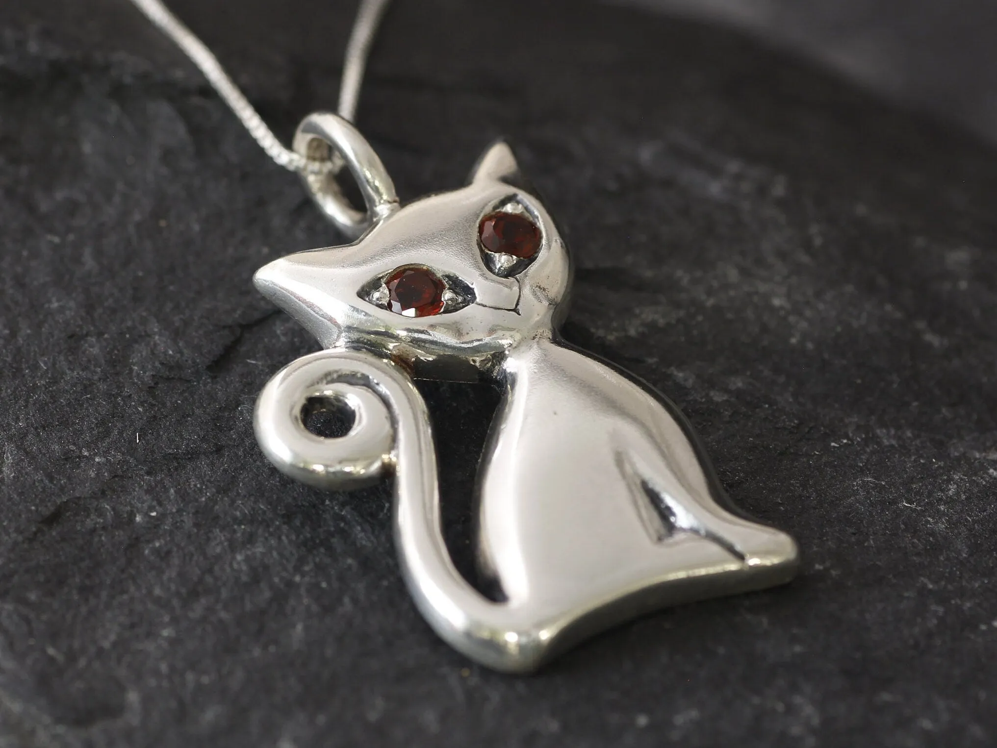 Large Cat Pendant - Red Garnet Necklace - Cat Lover Necklace