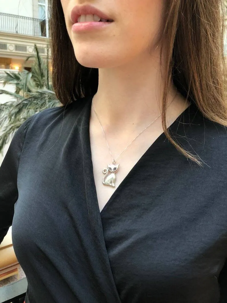 Large Cat Pendant - Red Garnet Necklace - Cat Lover Necklace