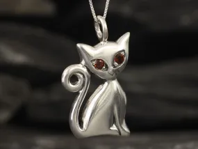 Large Cat Pendant - Red Garnet Necklace - Cat Lover Necklace