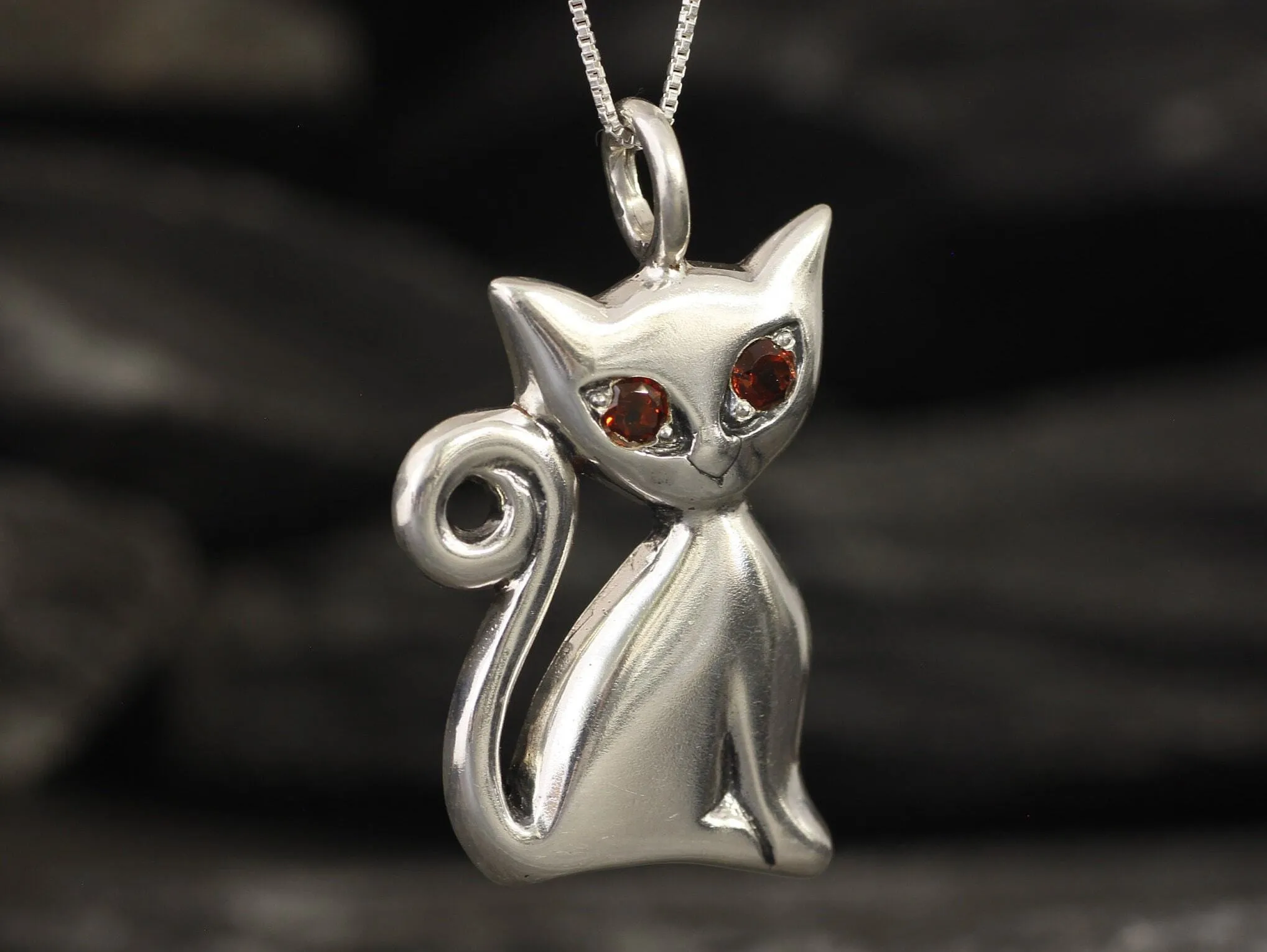 Large Cat Pendant - Red Garnet Necklace - Cat Lover Necklace