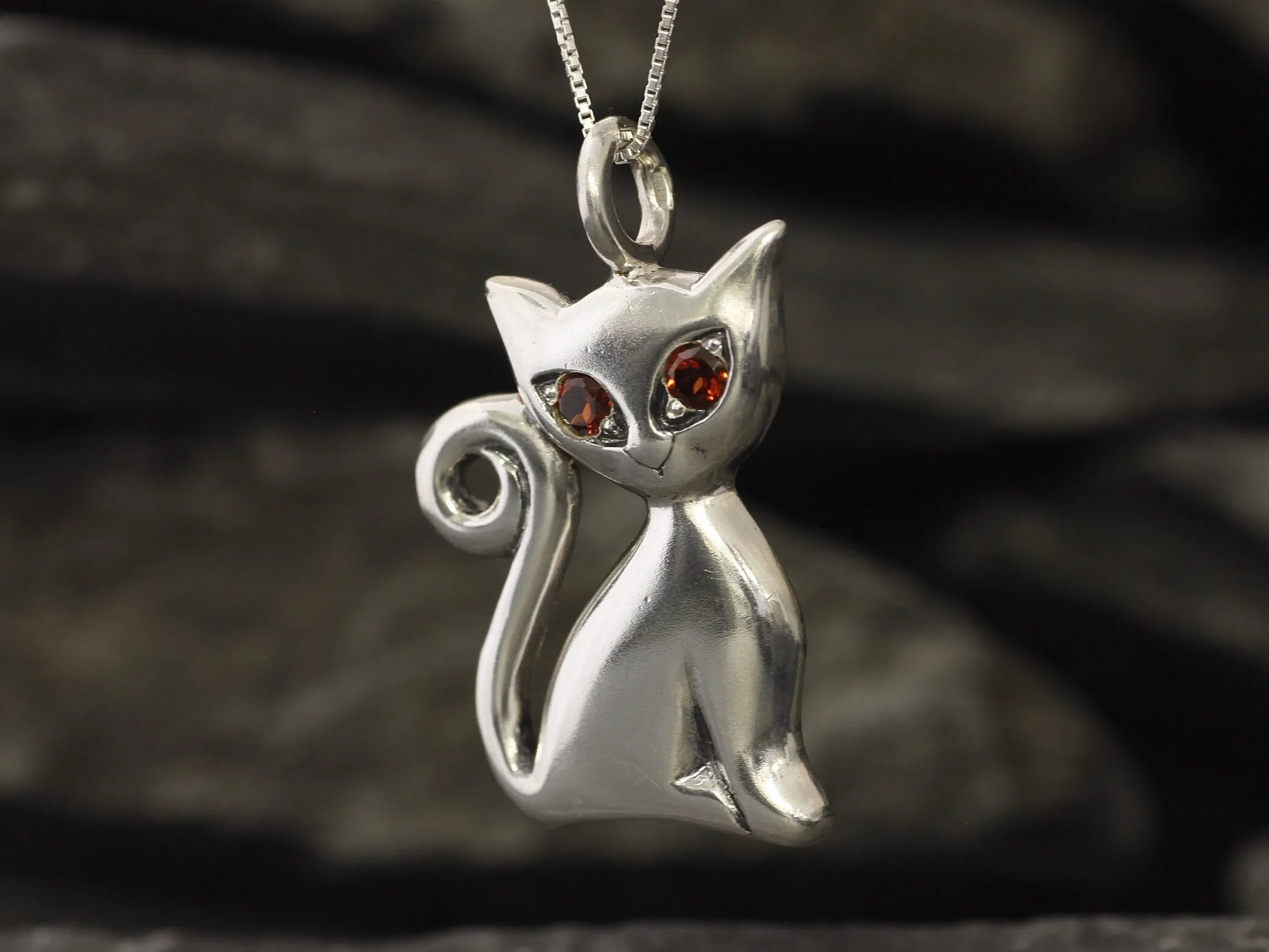 Large Cat Pendant - Red Garnet Necklace - Cat Lover Necklace