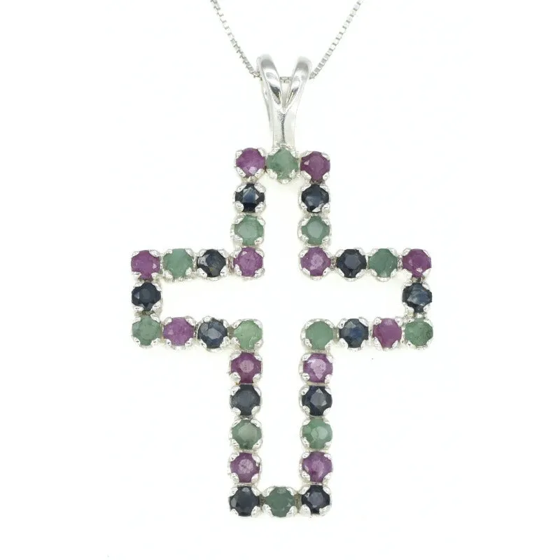 Large Emerald Cross Necklace - Real Ruby and Sapphire Pendant - Multistone Cross Necklace